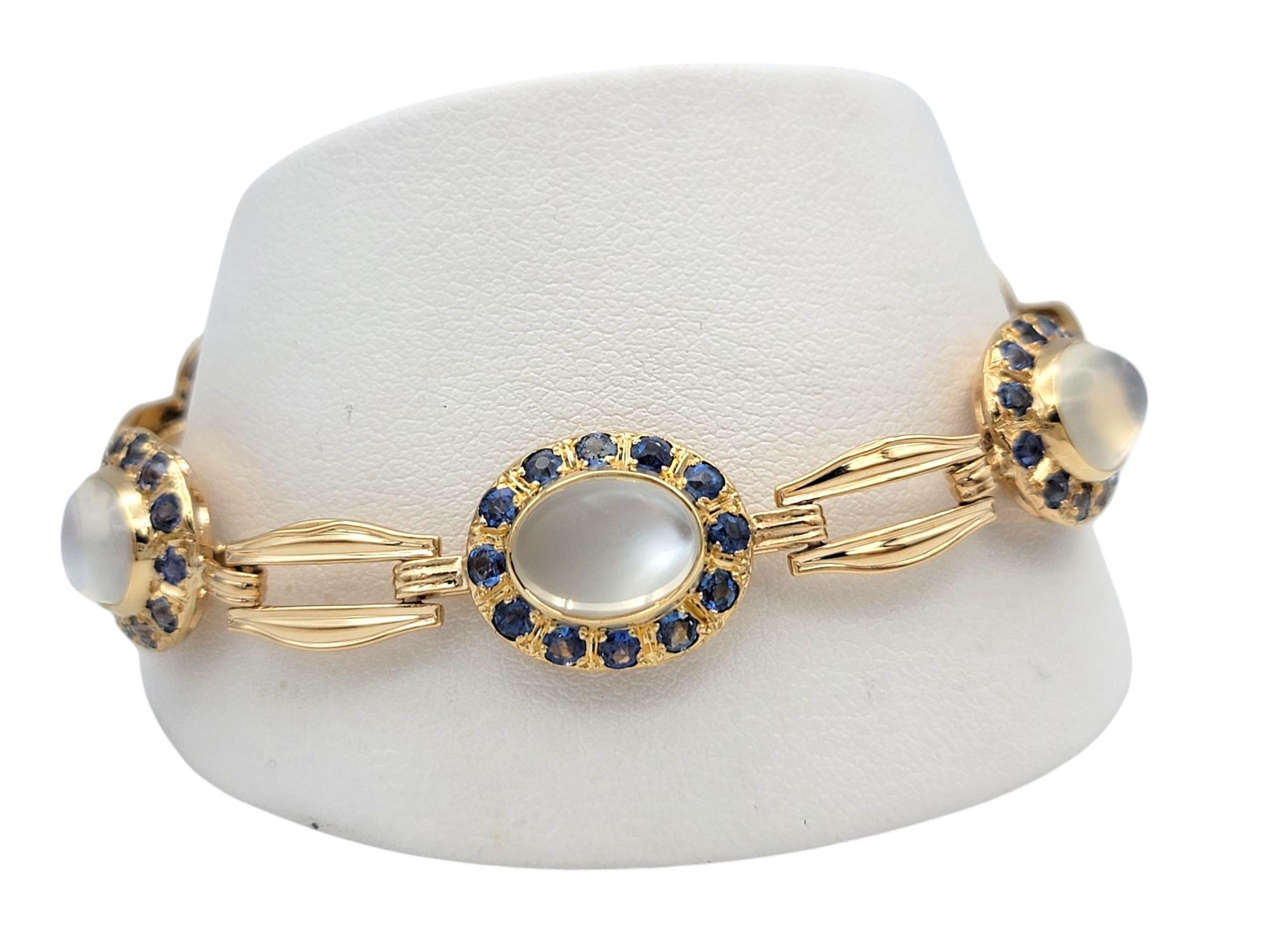 Bracciale con pietra di luna ovale tagliata a cabochon e zaffiro blu A Link Oro rosa 14 carati in vendita 2