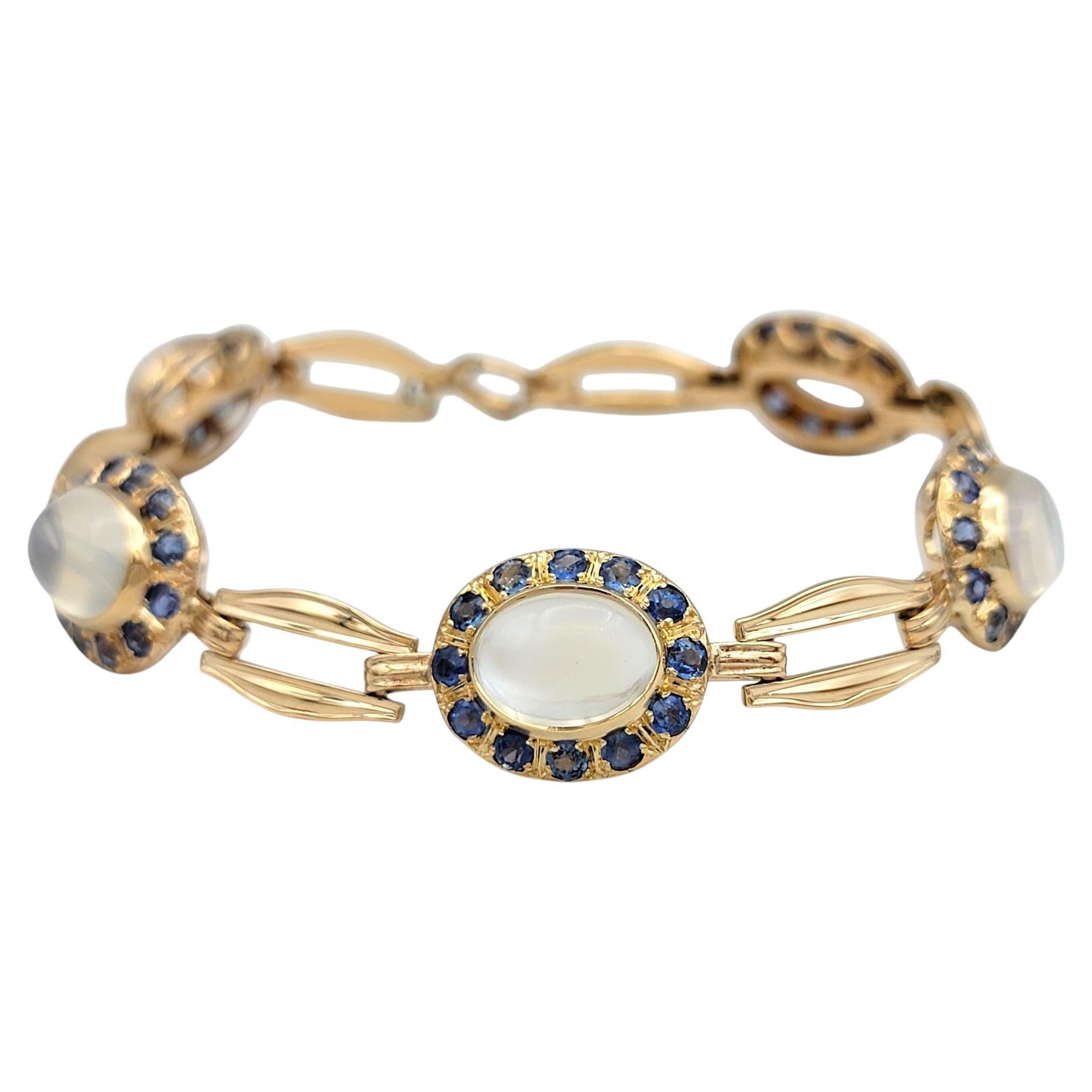 Oval Cabochon Cut Moonstone and Blue Sapphire Link Bracelet 14 Karat Rose Gold