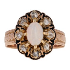 Oval Cabochon Cut Opal and Diamond Victorian Ring, 14 Karat Gold Antique Halo