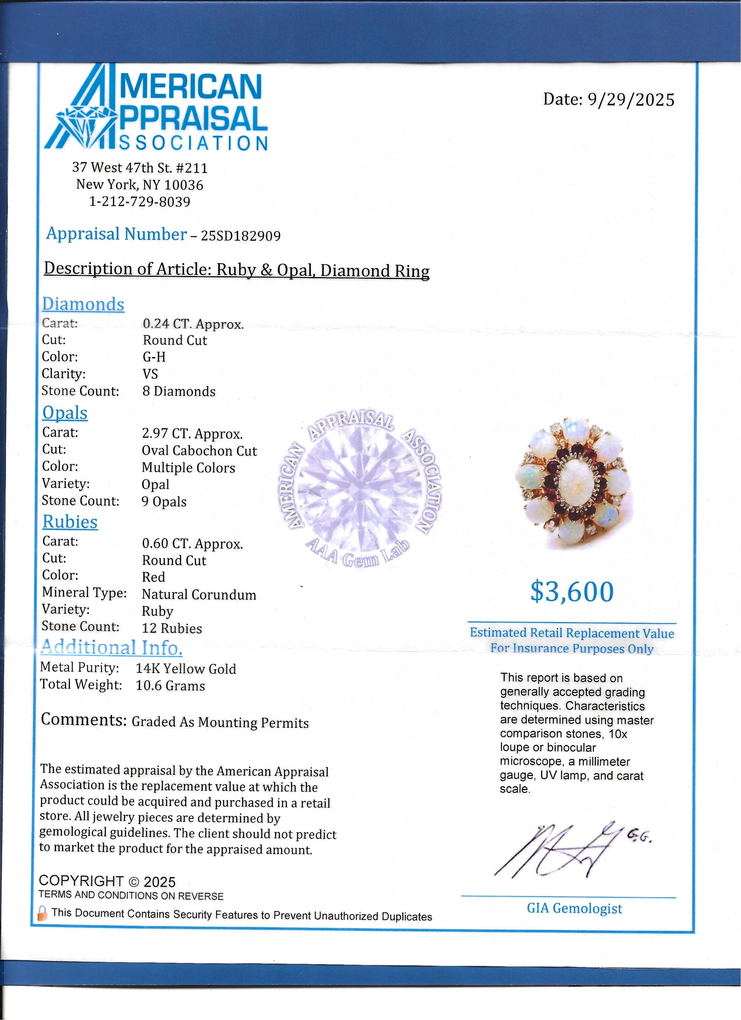 Oval Cabochon Cut Opal, Diamond & Ruby Cluster Flower Ring 14 Karat Yellow Gold For Sale 4