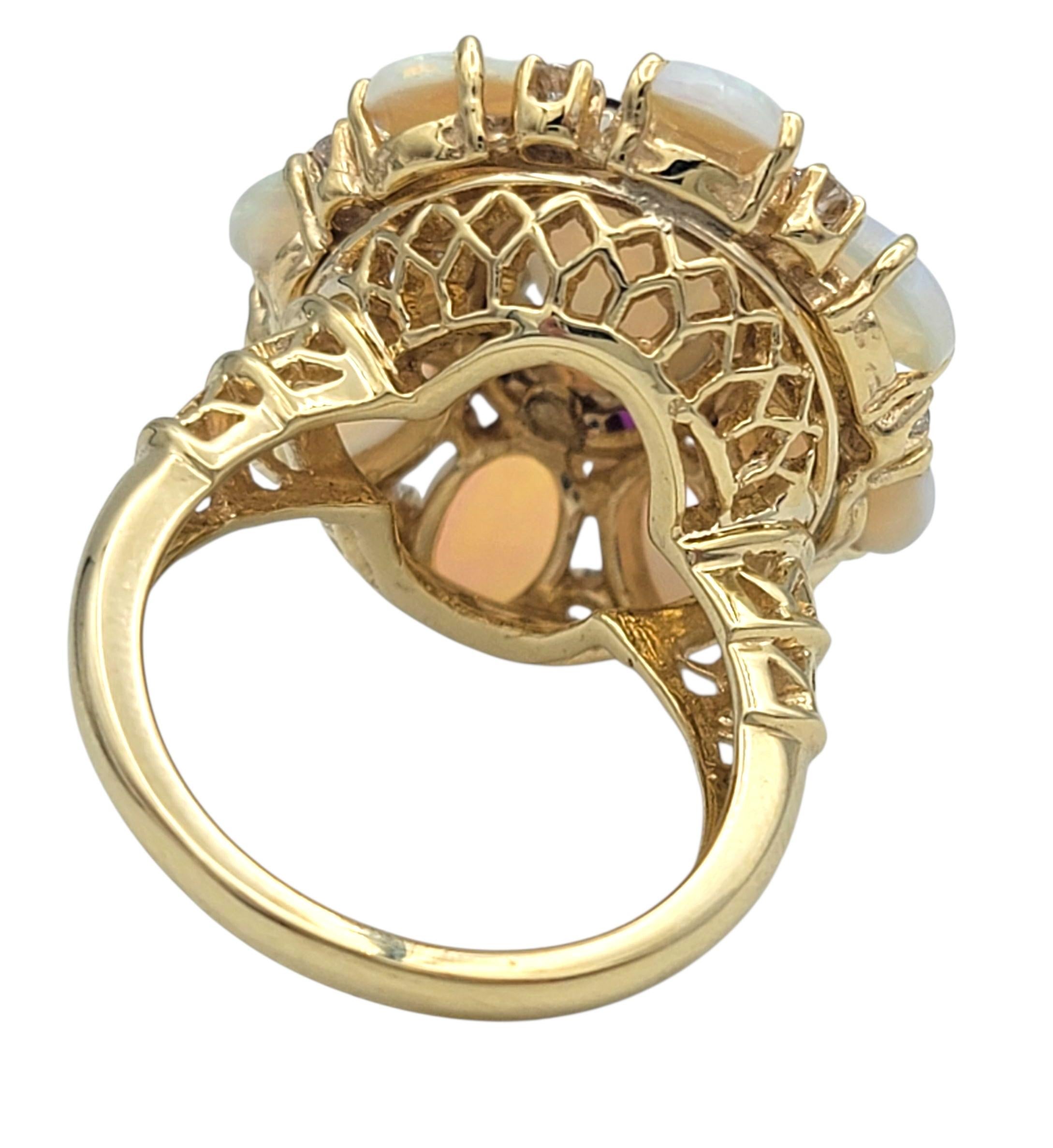 Round Cut Oval Cabochon Cut Opal, Diamond & Ruby Cluster Flower Ring 14 Karat Yellow Gold For Sale