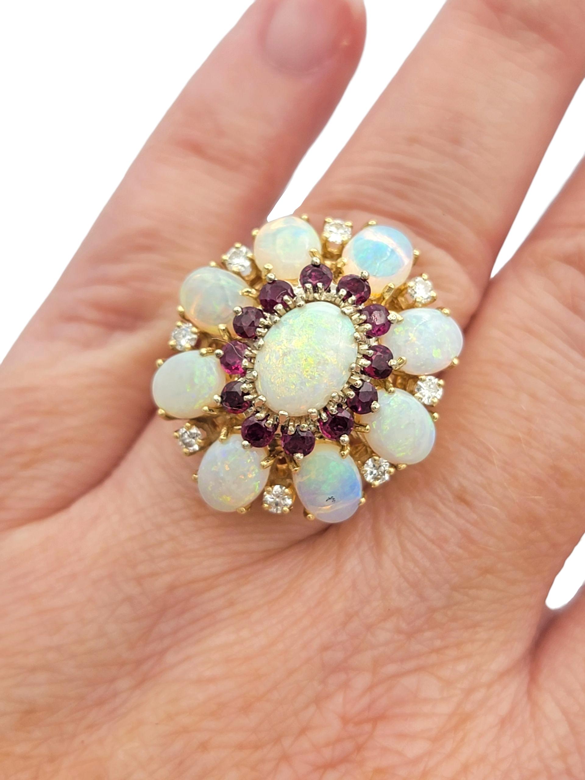 Women's Oval Cabochon Cut Opal, Diamond & Ruby Cluster Flower Ring 14 Karat Yellow Gold For Sale