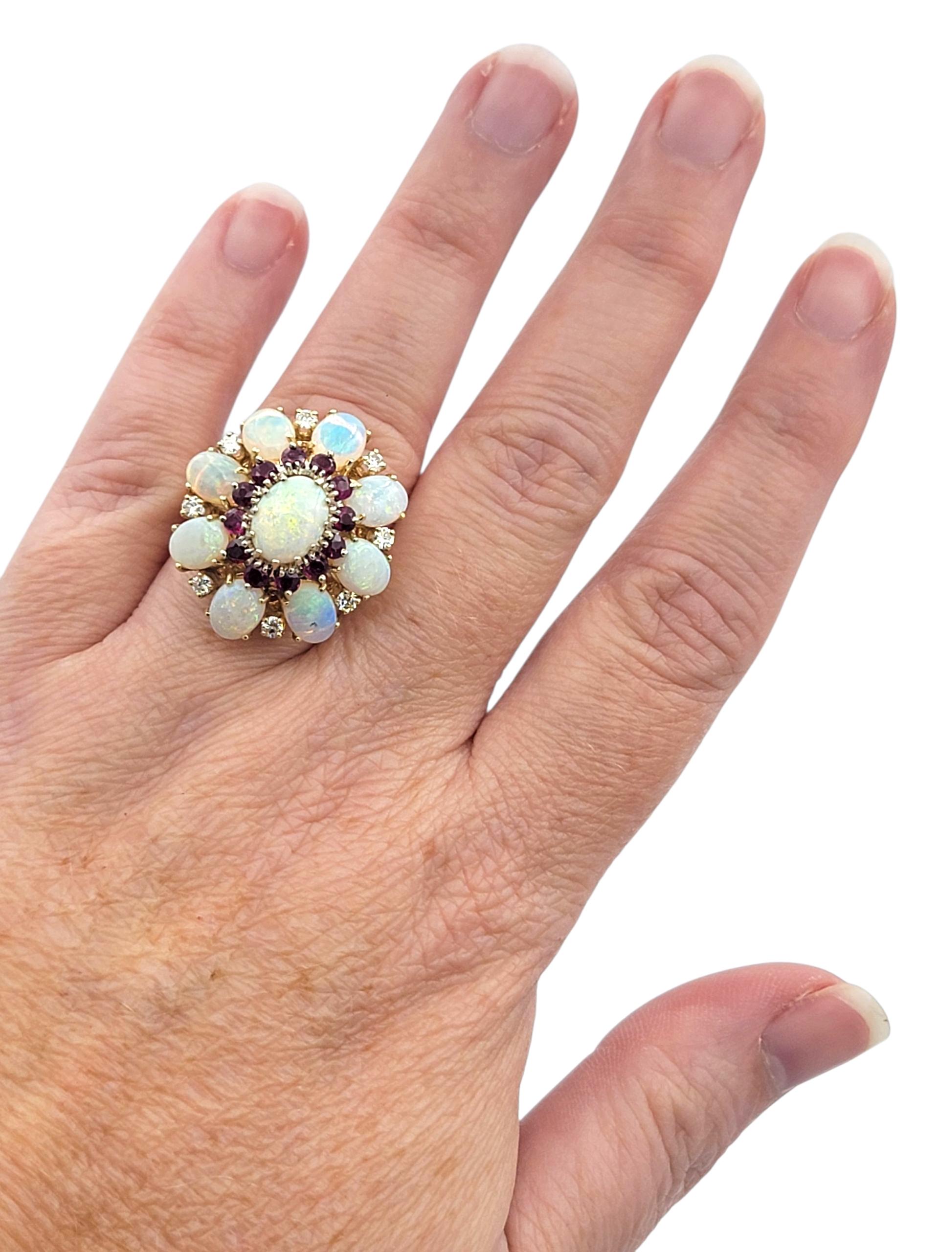 Oval Cabochon Cut Opal, Diamond & Ruby Cluster Flower Ring 14 Karat Yellow Gold For Sale 1