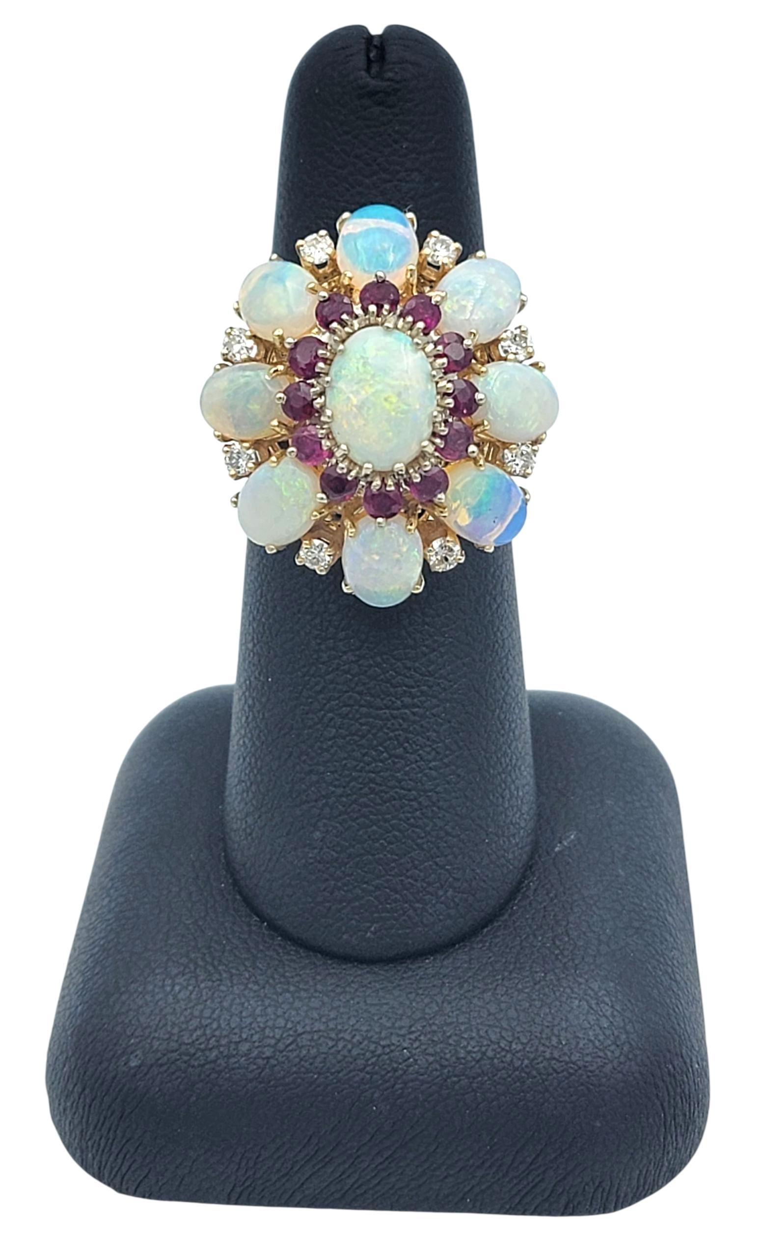 Oval Cabochon Cut Opal, Diamond & Ruby Cluster Flower Ring 14 Karat Yellow Gold For Sale 2