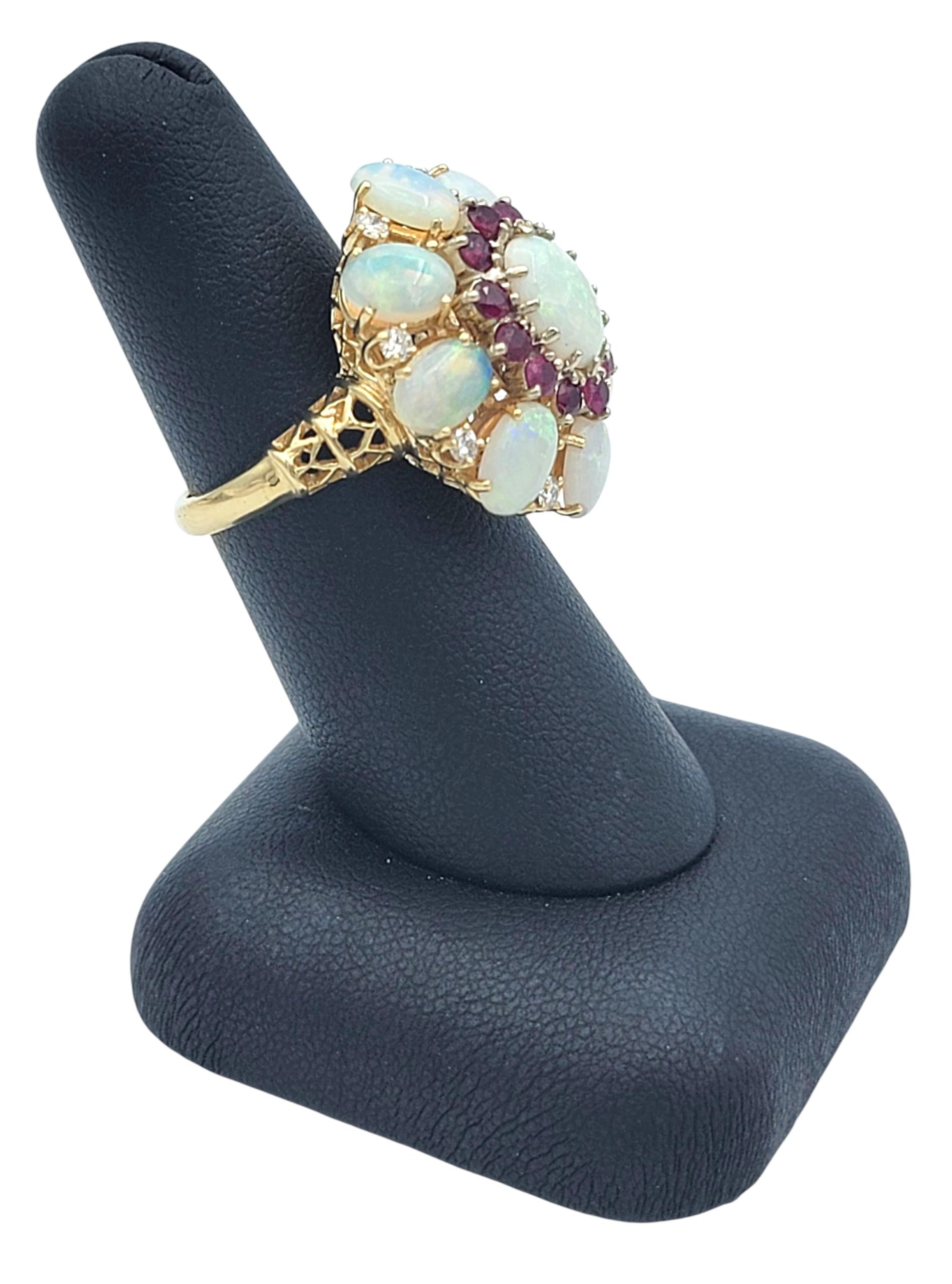 Oval Cabochon Cut Opal, Diamond & Ruby Cluster Flower Ring 14 Karat Yellow Gold For Sale 3