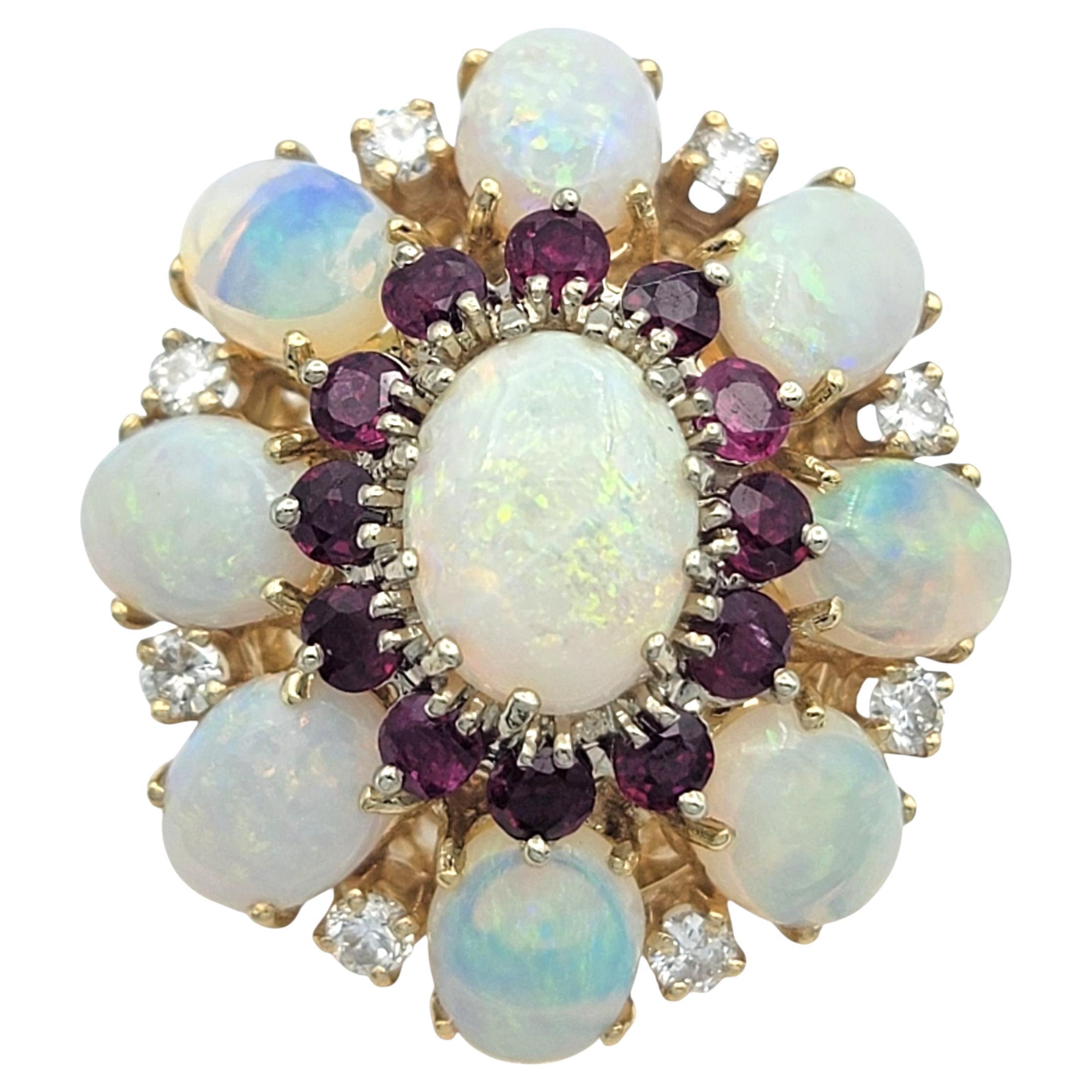 Oval Cabochon Cut Opal, Diamond & Ruby Cluster Flower Ring 14 Karat Yellow Gold For Sale