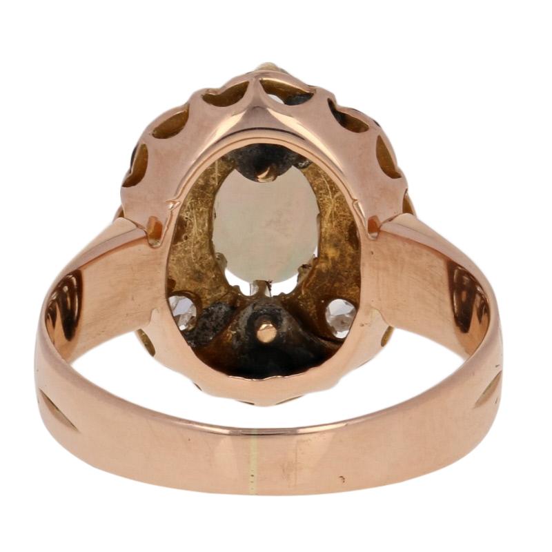 Women's Oval Cabochon Cut Opal and Diamond Victorian Ring, 14 Karat Gold Antique Halo