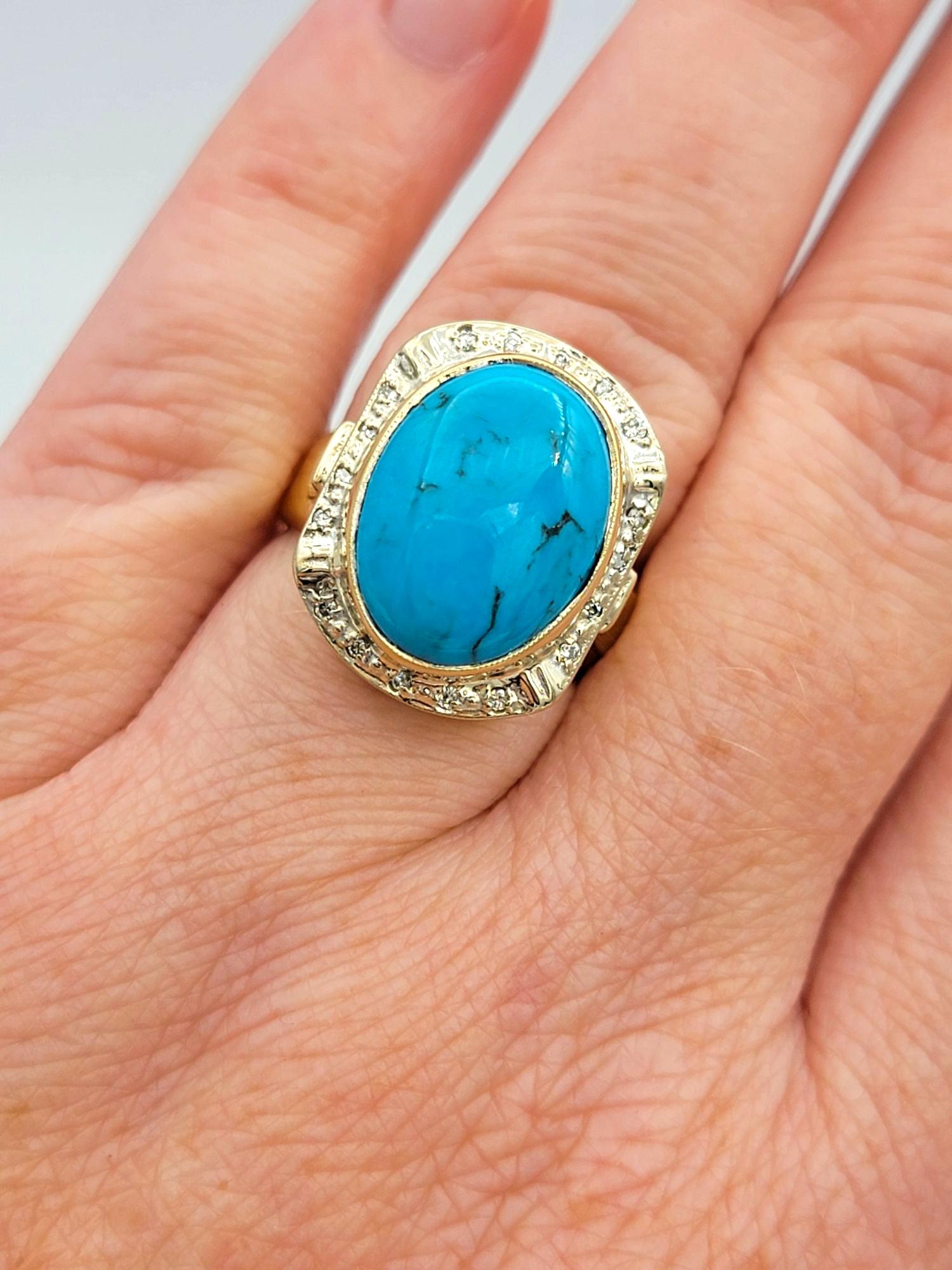 Bague cocktail en or jaune 14 carats avec turquoise ovale taillée en cabochon et diamants en vente 4