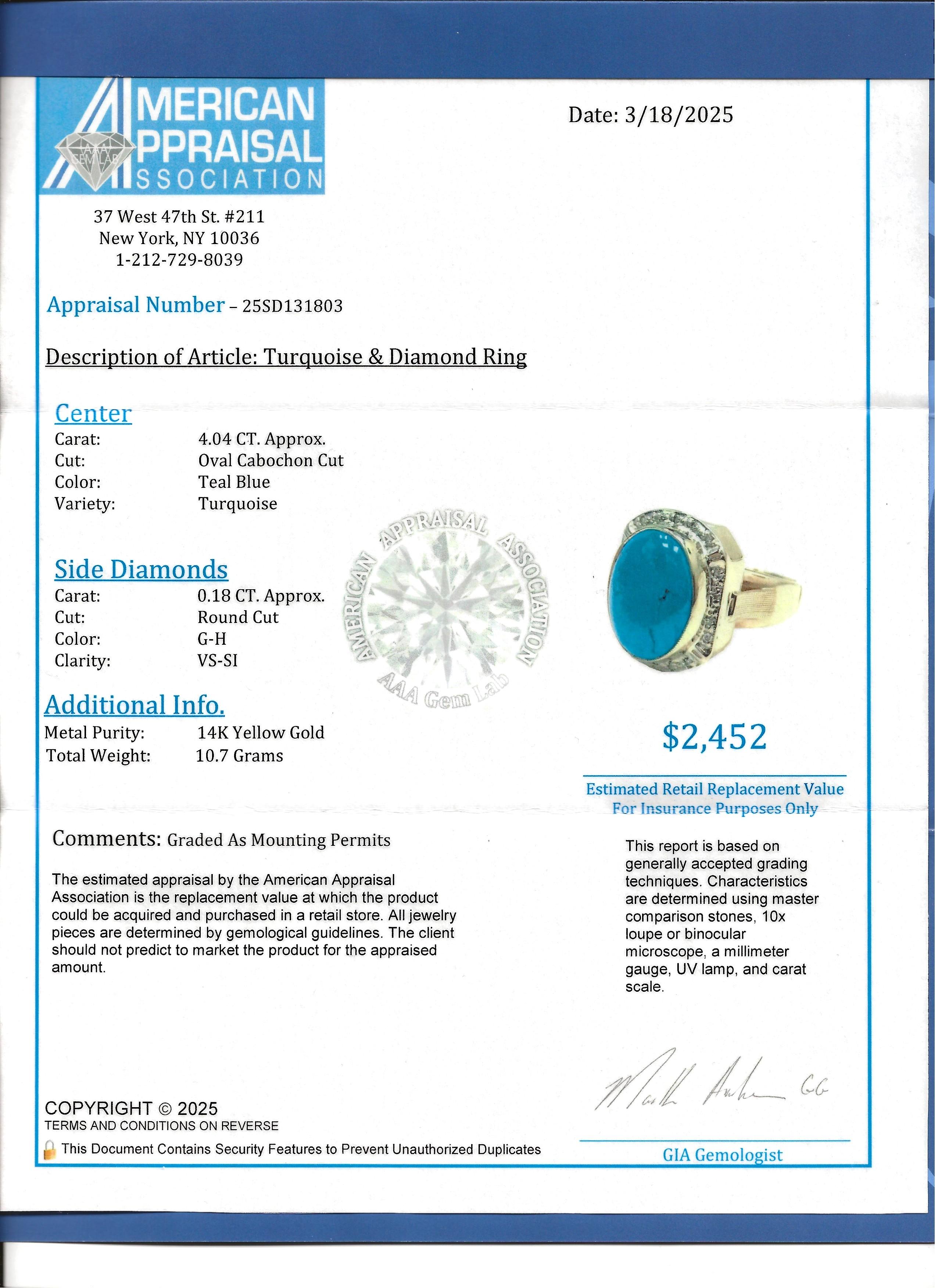 Bague cocktail en or jaune 14 carats avec turquoise ovale taillée en cabochon et diamants en vente 7