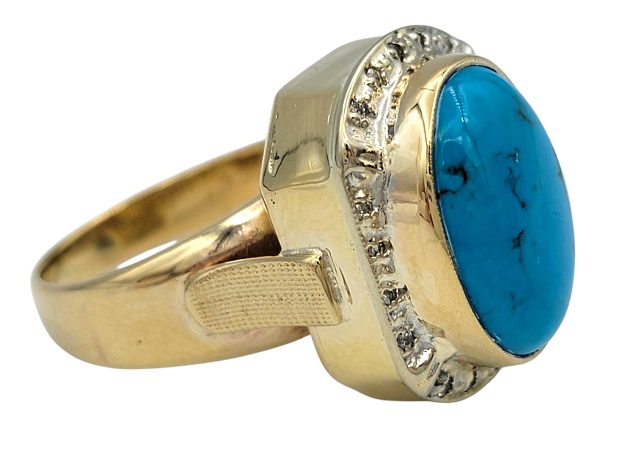 Taille cabochon Bague cocktail en or jaune 14 carats avec turquoise ovale taillée en cabochon et diamants en vente