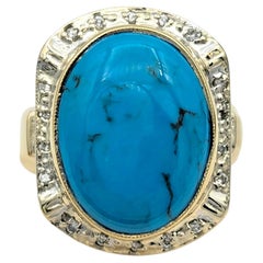 Ovaler Türkis-Cocktailring im Cabochon-Schliff mit Diamanten aus 14 Karat Gelbgold