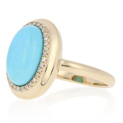 Oval Cabochon Cut Turquoise and Diamond Ring 14 Karat Yellow Gold Halo .11 Carat