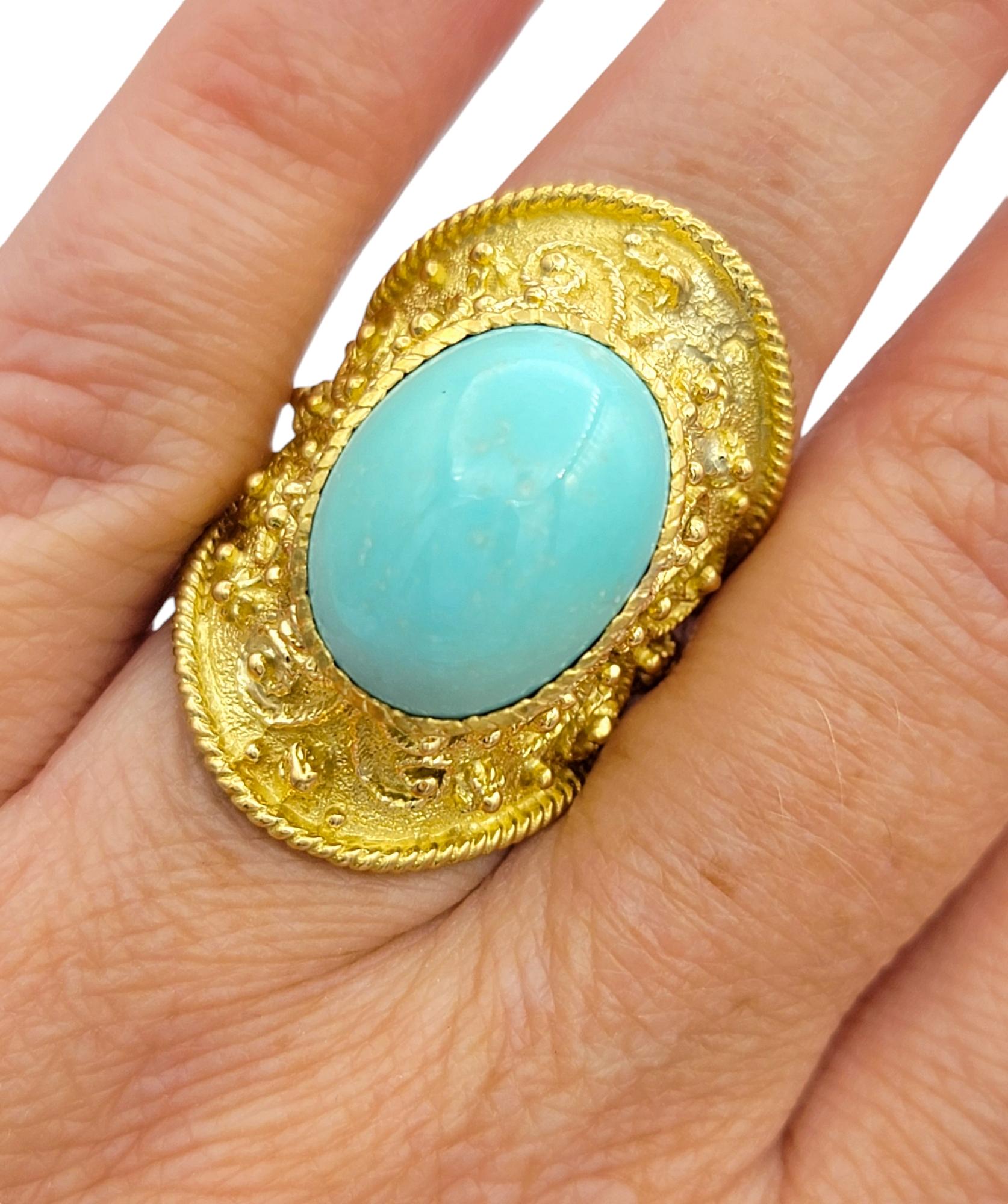 Bague cocktail de style étrusque en or 18 carats avec turquoise ovale taillée en cabochon en vente 4