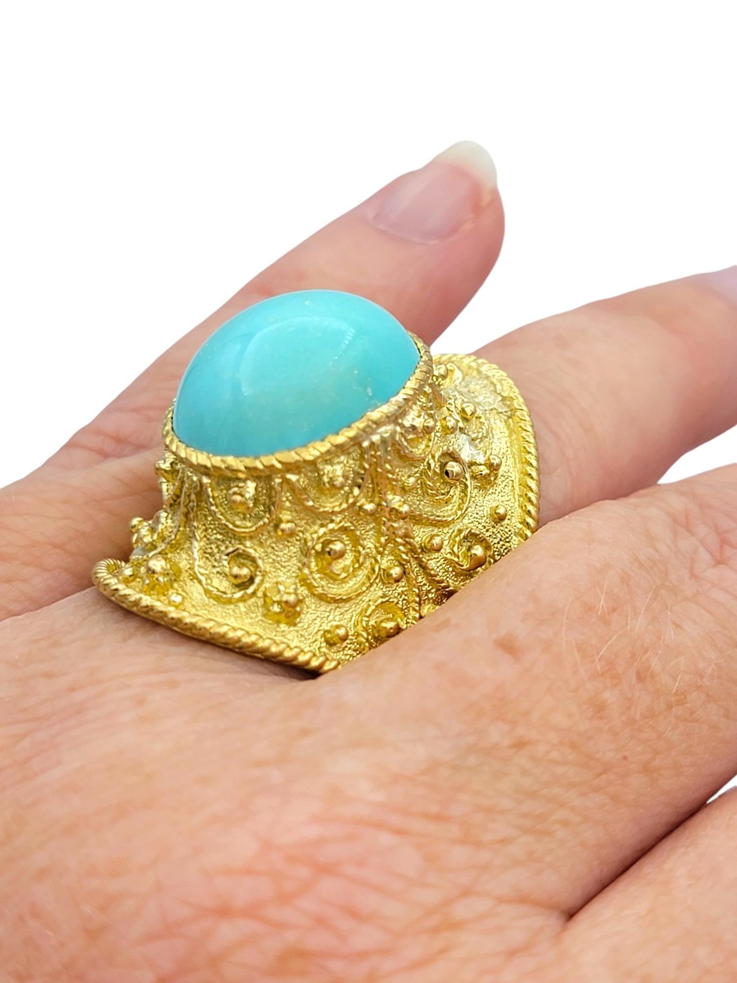 Bague cocktail de style étrusque en or 18 carats avec turquoise ovale taillée en cabochon en vente 5