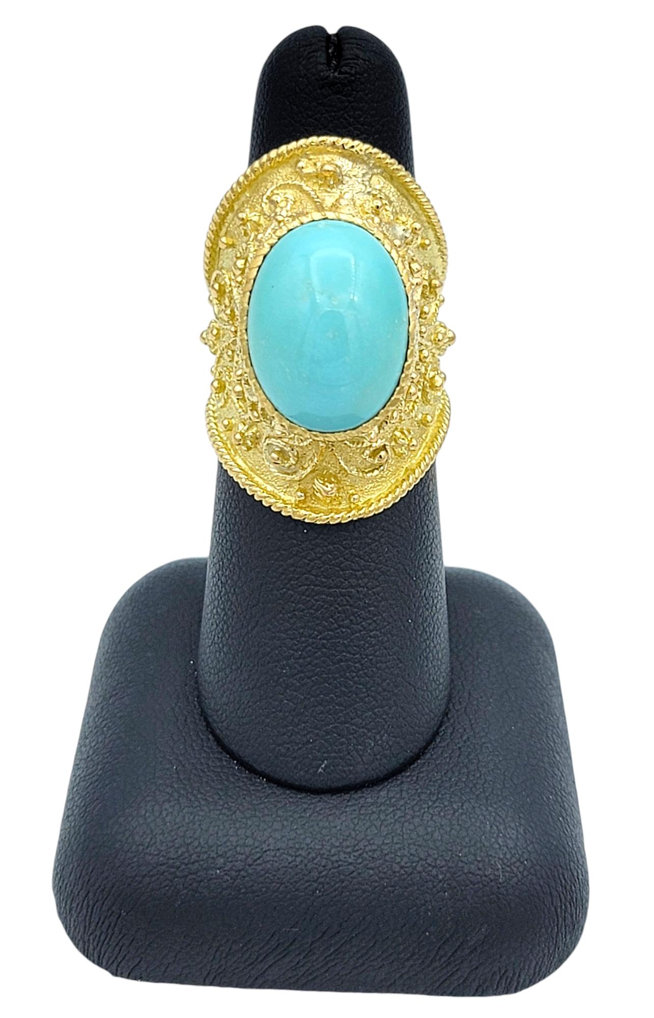 Bague cocktail de style étrusque en or 18 carats avec turquoise ovale taillée en cabochon en vente 6