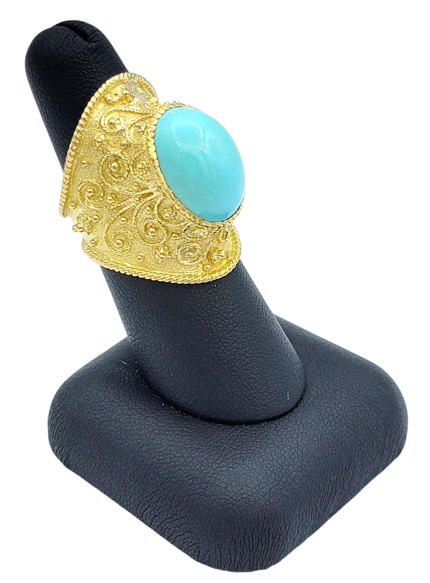 Bague cocktail de style étrusque en or 18 carats avec turquoise ovale taillée en cabochon en vente 7