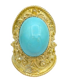 Oval Cabochon Cut Turquoise Etruscan Style Contoured 18 Karat Gold Cocktail Ring
