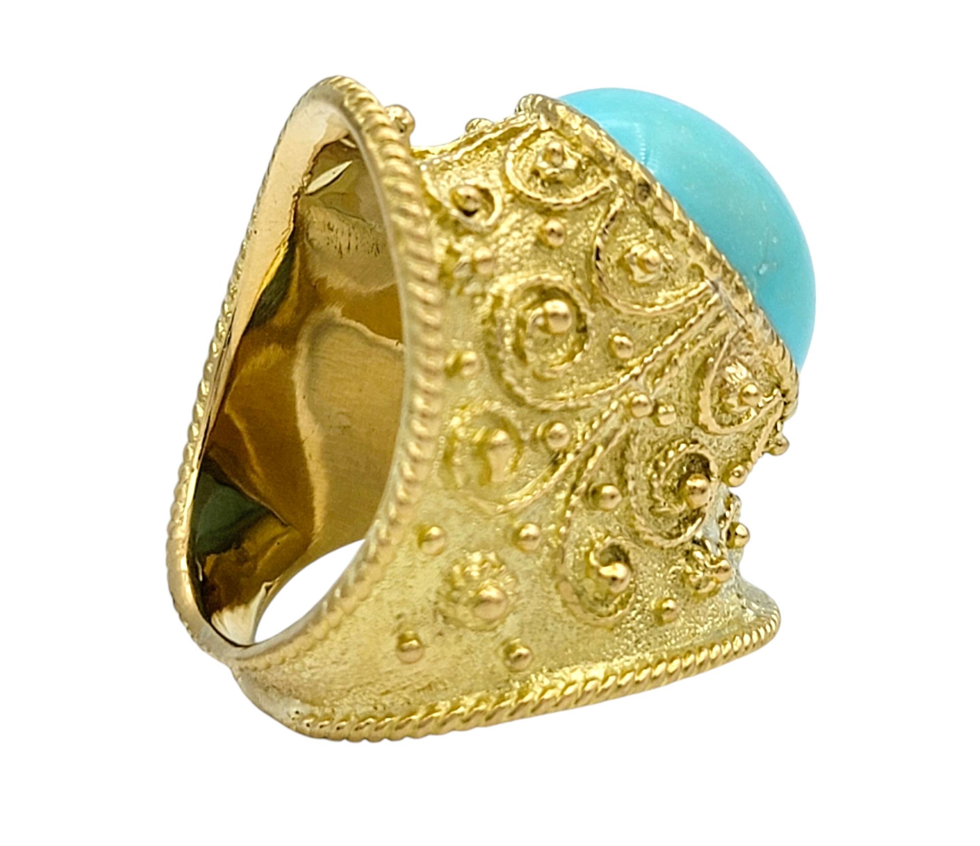 Bague cocktail de style étrusque en or 18 carats avec turquoise ovale taillée en cabochon Bon état - En vente à Scottsdale, AZ