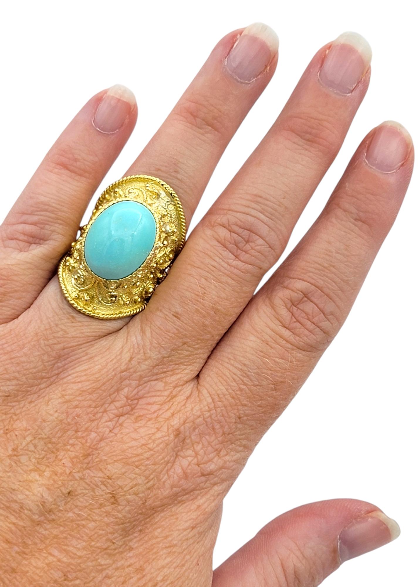 Bague cocktail de style étrusque en or 18 carats avec turquoise ovale taillée en cabochon en vente 3