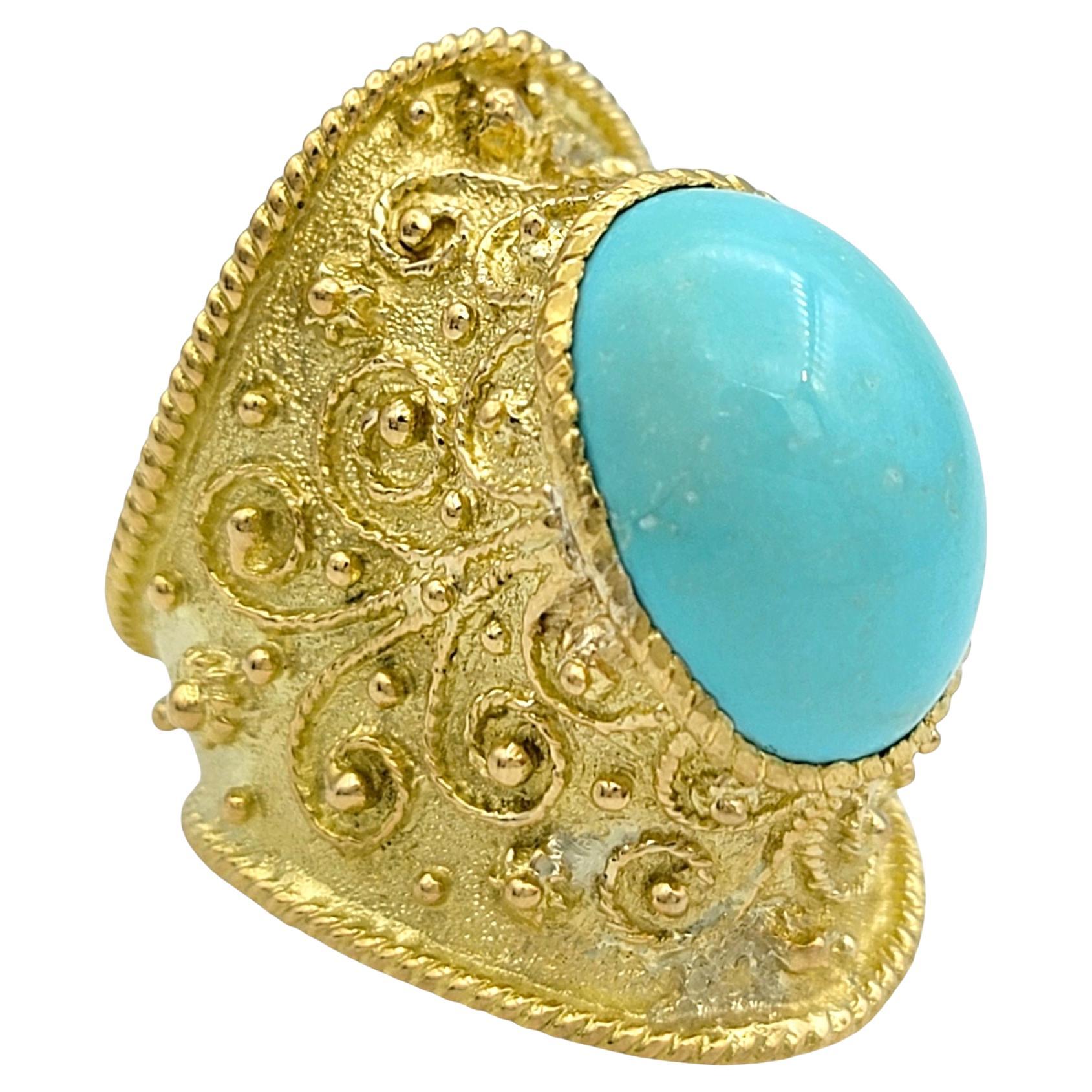 Oval Cabochon Cut Turquoise Etruscan Style Contoured 18 Karat Gold Cocktail Ring