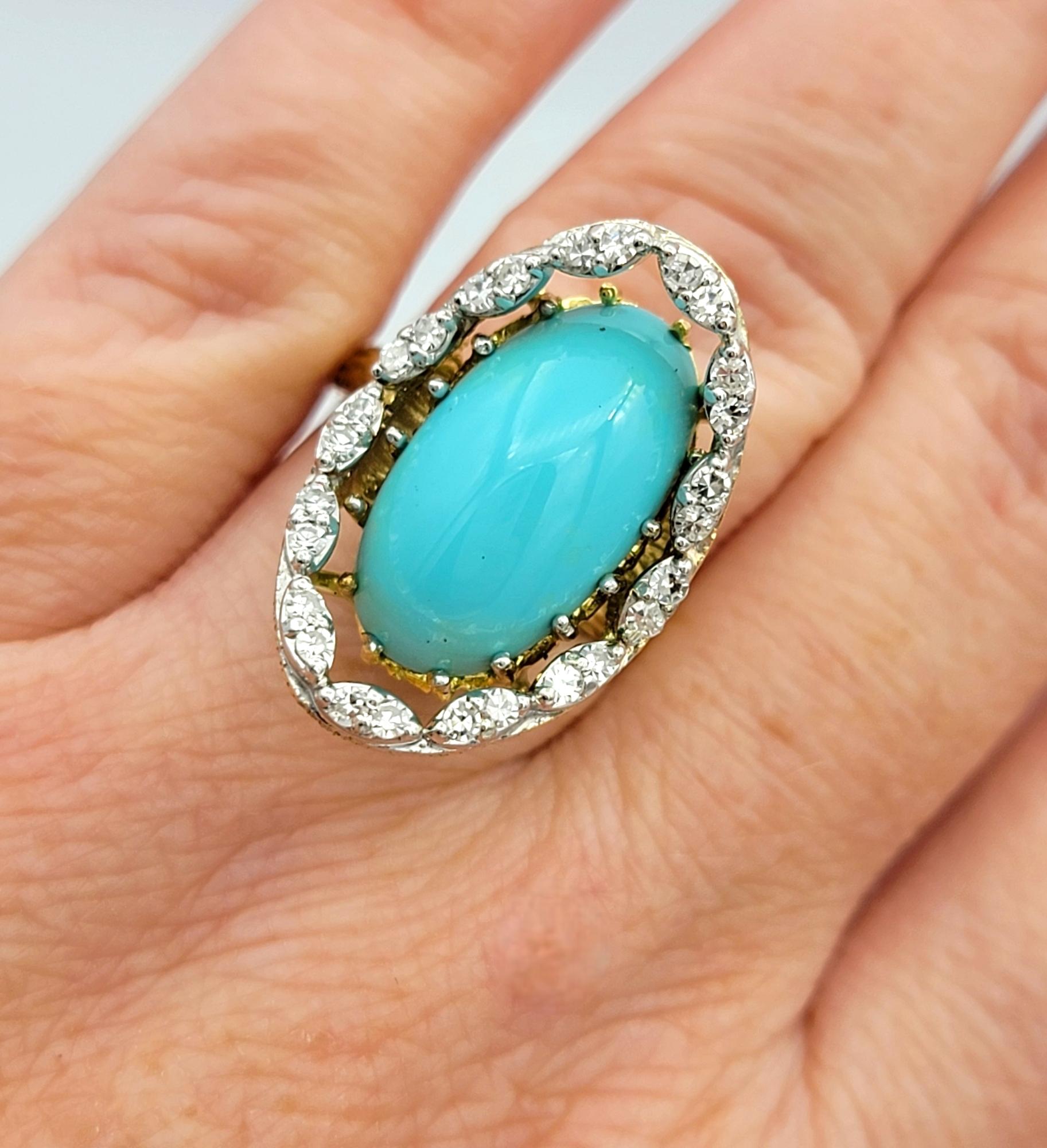 Anello cocktail con turchese ovale tagliato a cabochon e diamante a raggiera in oro 18 carati in vendita 4