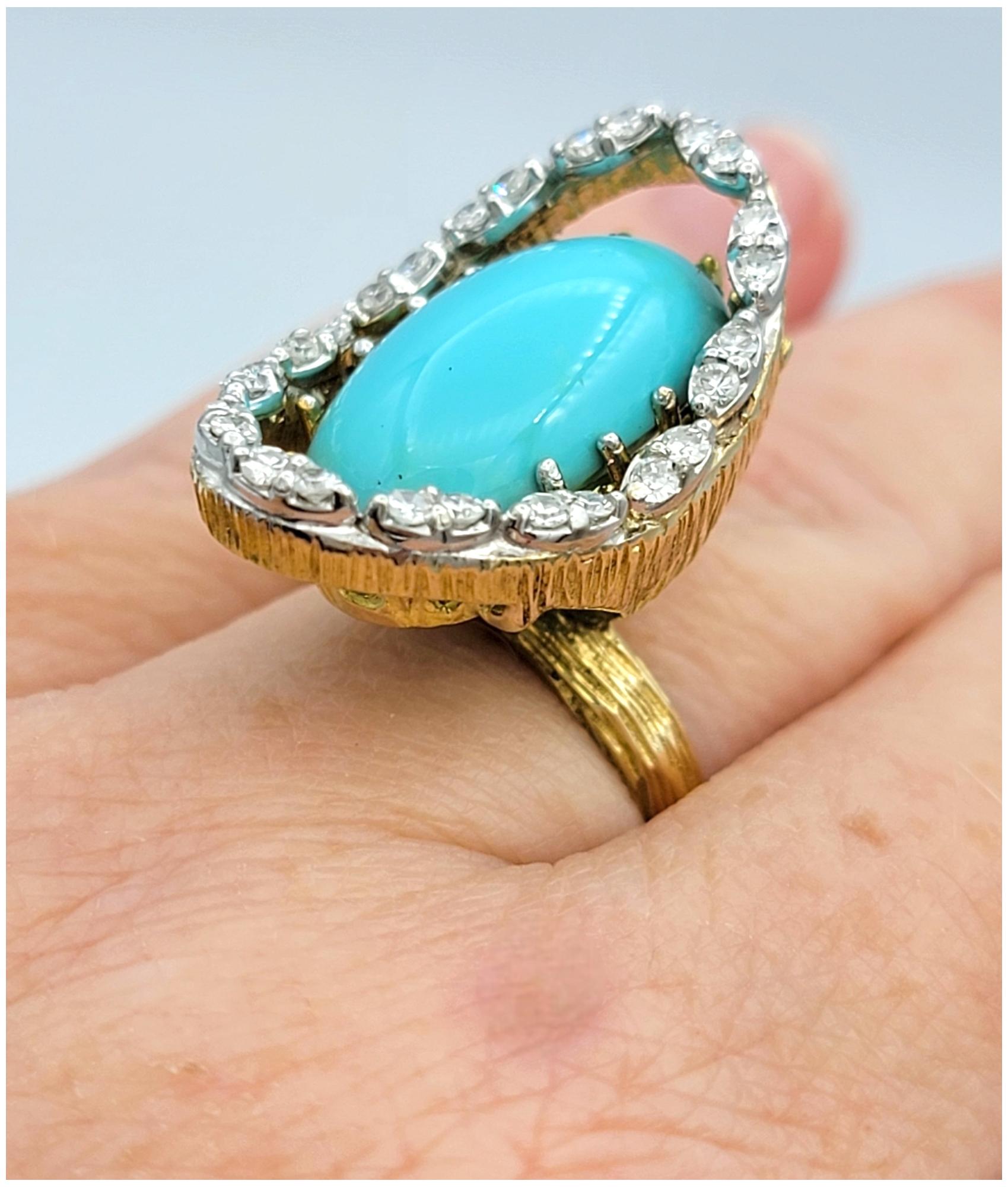Anello cocktail con turchese ovale tagliato a cabochon e diamante a raggiera in oro 18 carati in vendita 5