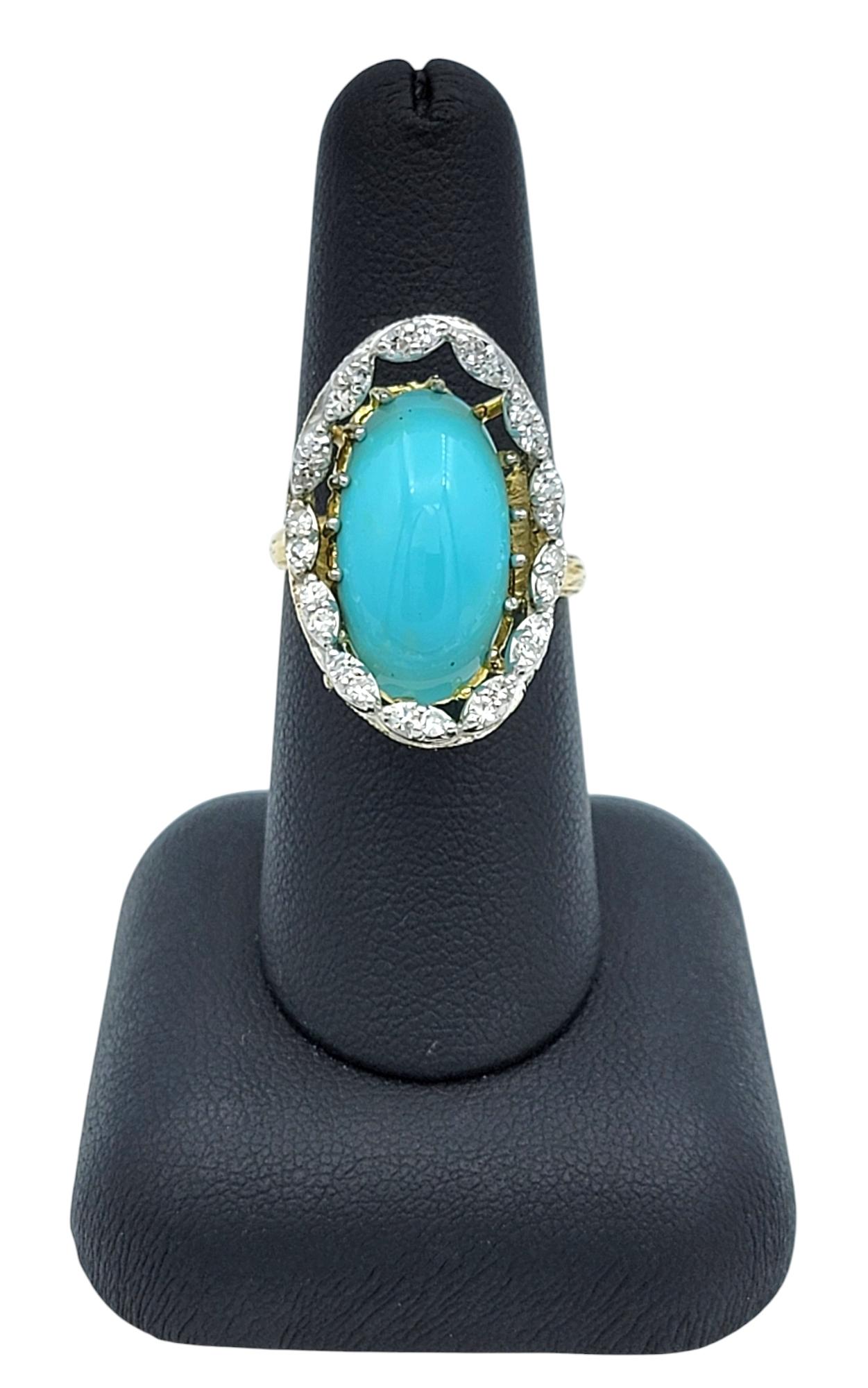 Anello cocktail con turchese ovale tagliato a cabochon e diamante a raggiera in oro 18 carati in vendita 6