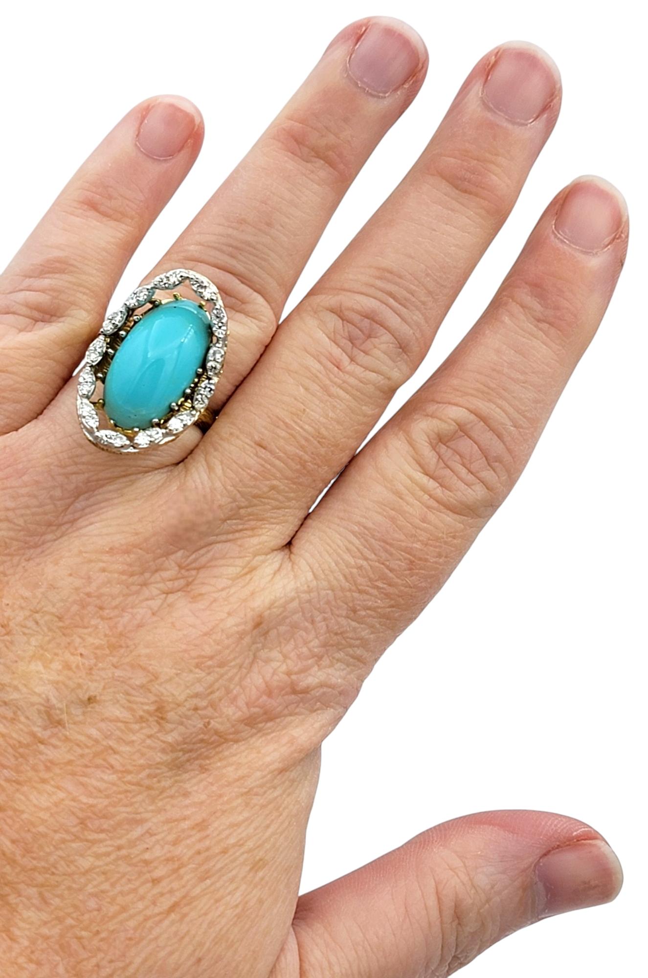 Anello cocktail con turchese ovale tagliato a cabochon e diamante a raggiera in oro 18 carati in vendita 3