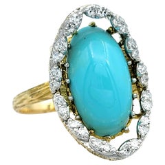 Oval Cabochon Cut Turquoise with Diamond Halo Cocktail Ring in 18 Karat Gold