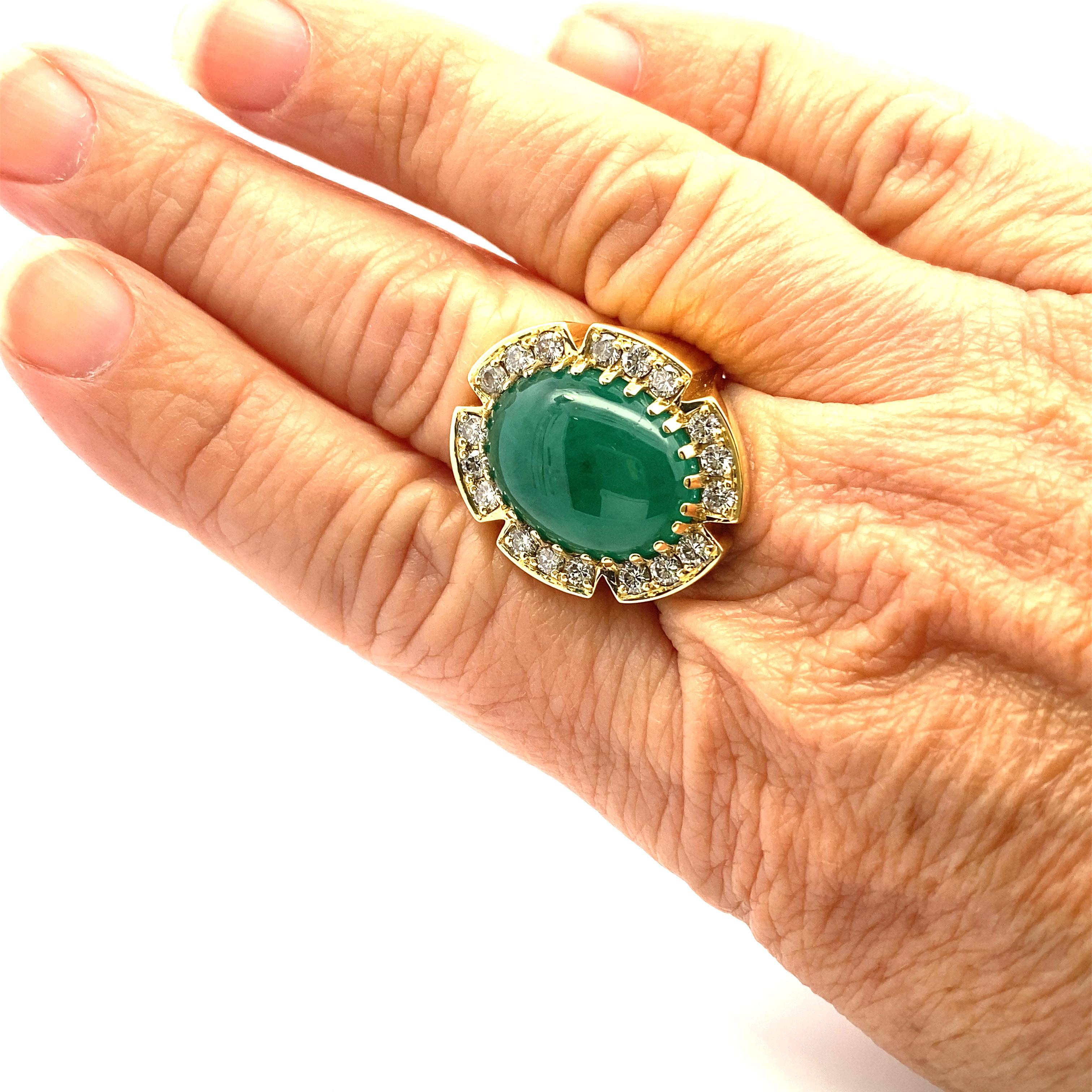 Women's or Men's Oval Cabochon Emerald and Diamond Custom Ring For Sale