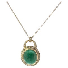 Oval Cabochon Emerald & Diamond Pendant – 18ct Yellow Gold Halo Design