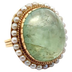 Oval Cabochon Emerald, Natural Pearls and 14K Yellow Gold Statement Vintage Ring Oval Cabochon Emerald, Natural Pearls and 14K Yellow Gold Statement Vintage Ring
