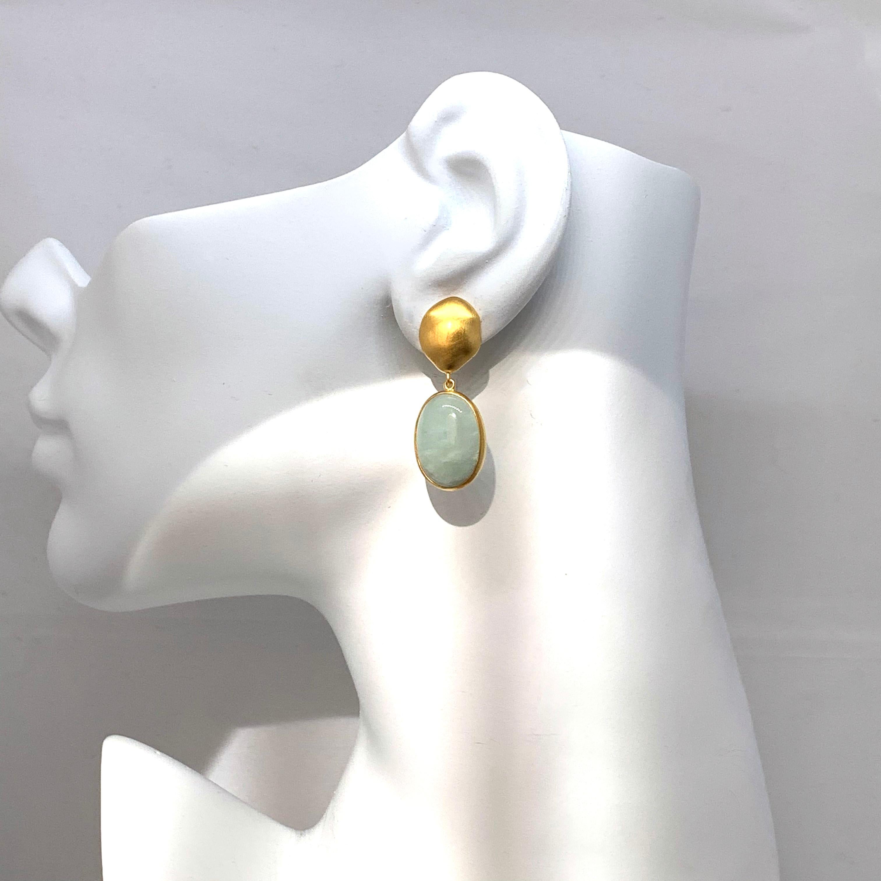 Contemporary Oval Cabochon Green Beryl Vermeil Drop Earrings For Sale