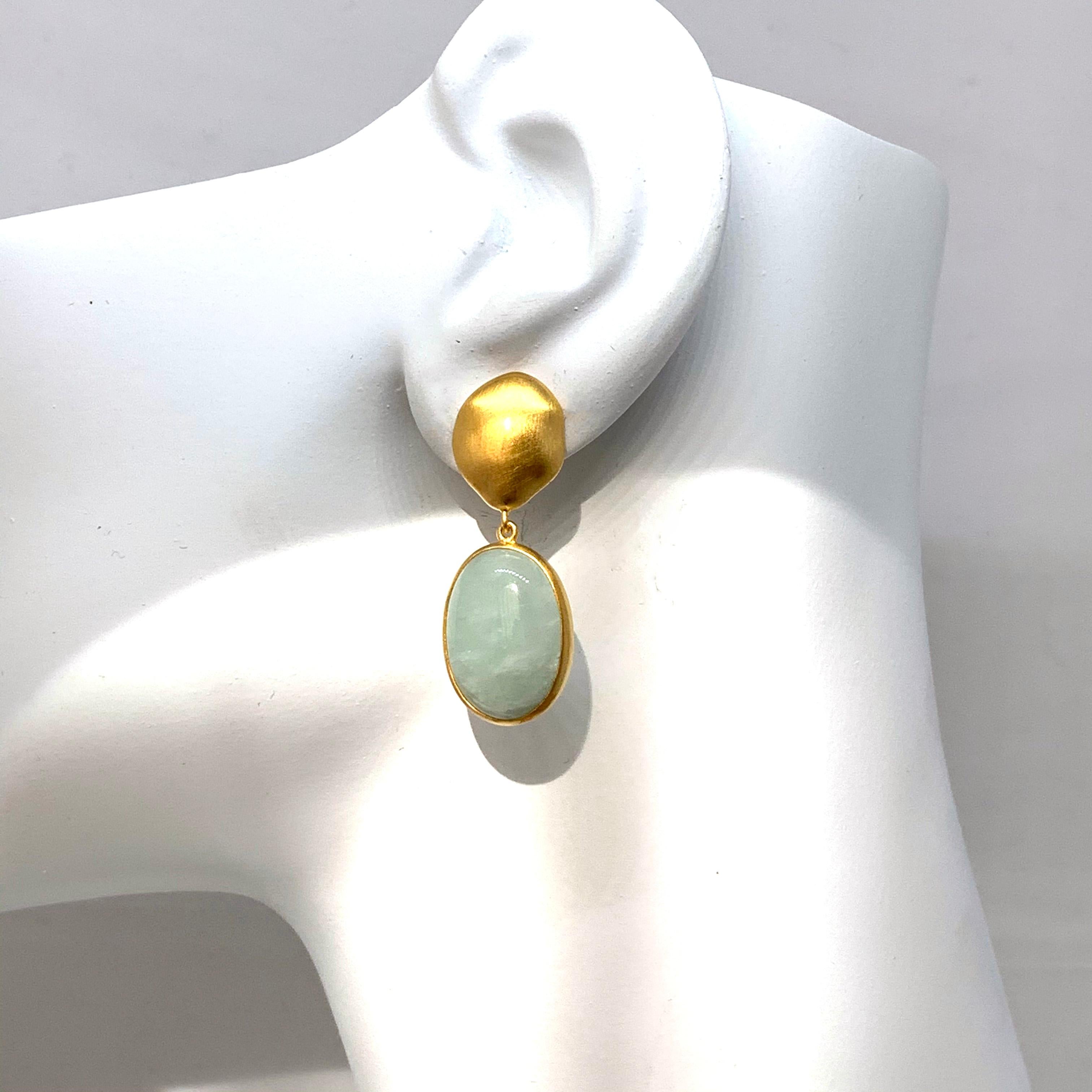 Oval Cut Oval Cabochon Green Beryl Vermeil Drop Earrings For Sale