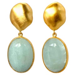 Vintage Oval Cabochon Green Beryl Vermeil Drop Earrings