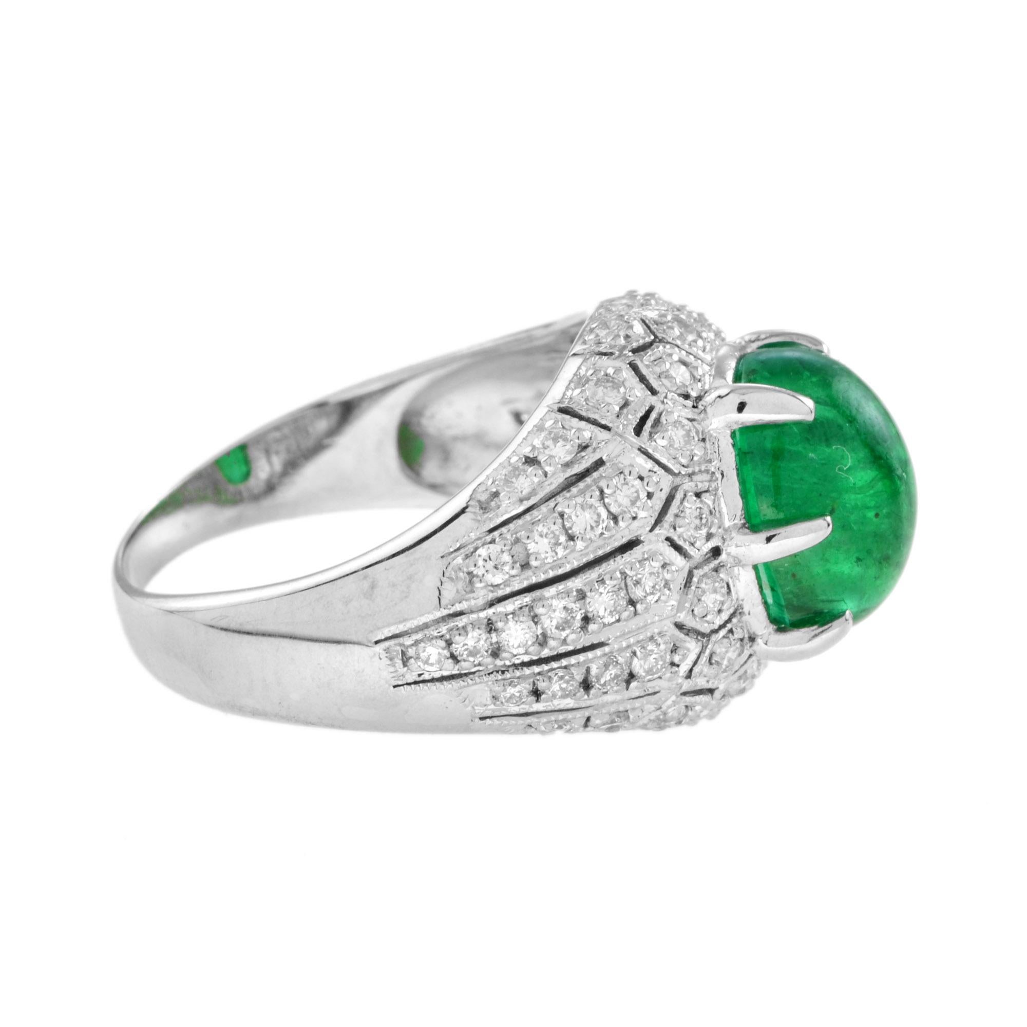 Art Deco Oval Cabochon Green Emerald & Diamond Pave Set Dome 14K White Gold Ring For Sale