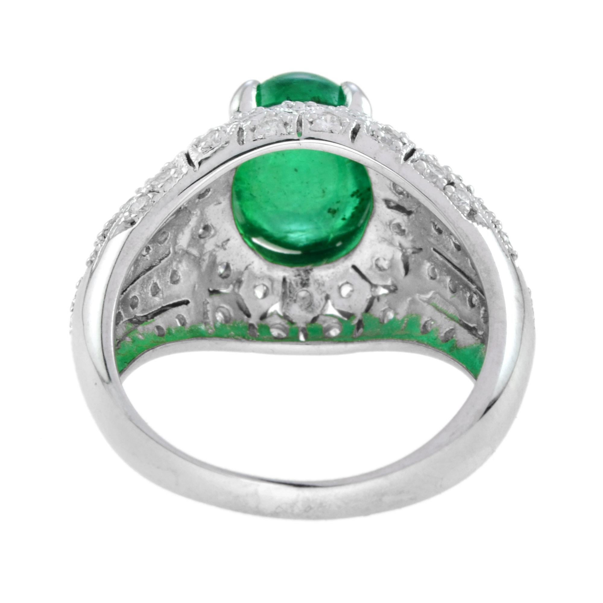 Oval Cabochon Green Emerald & Diamond Pave Set Dome 14K White Gold Ring In New Condition For Sale In Oakton, VA