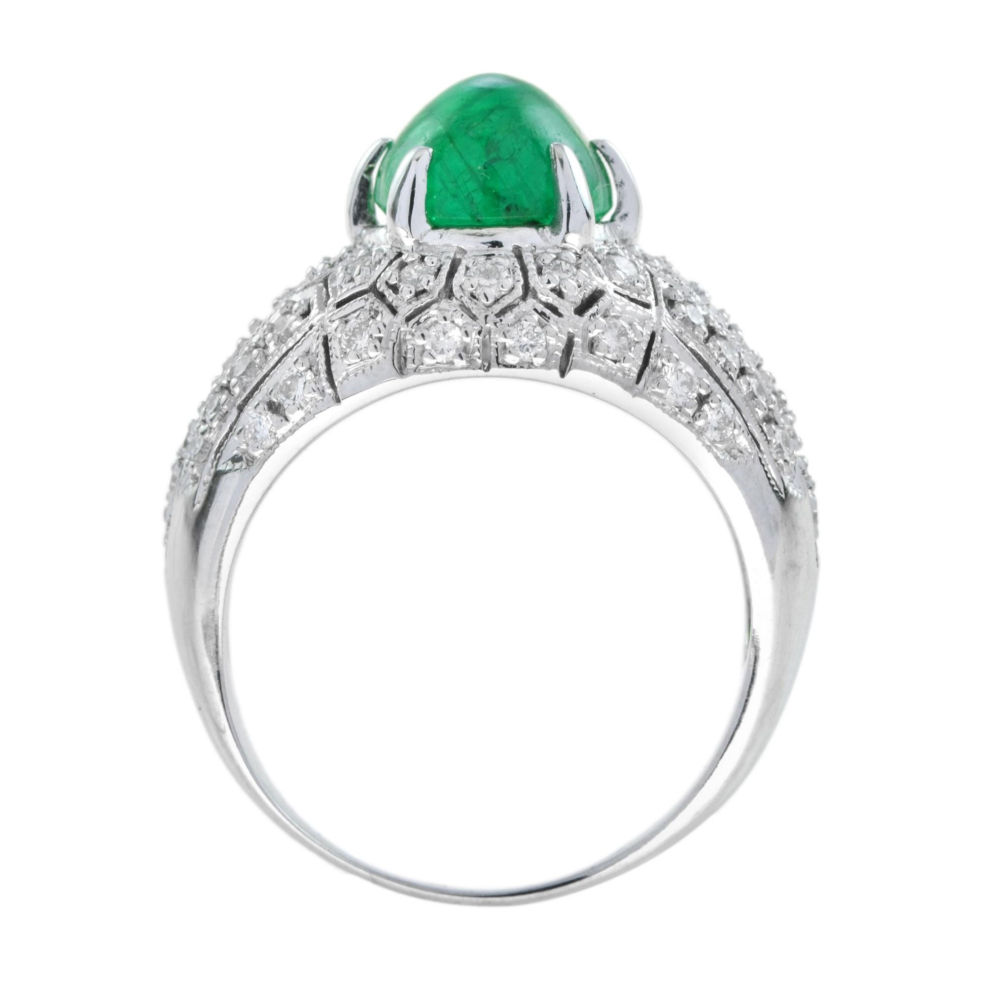 Women's or Men's Oval Cabochon Green Emerald & Diamond Pave Set Dome 14K White Gold Ring For Sale