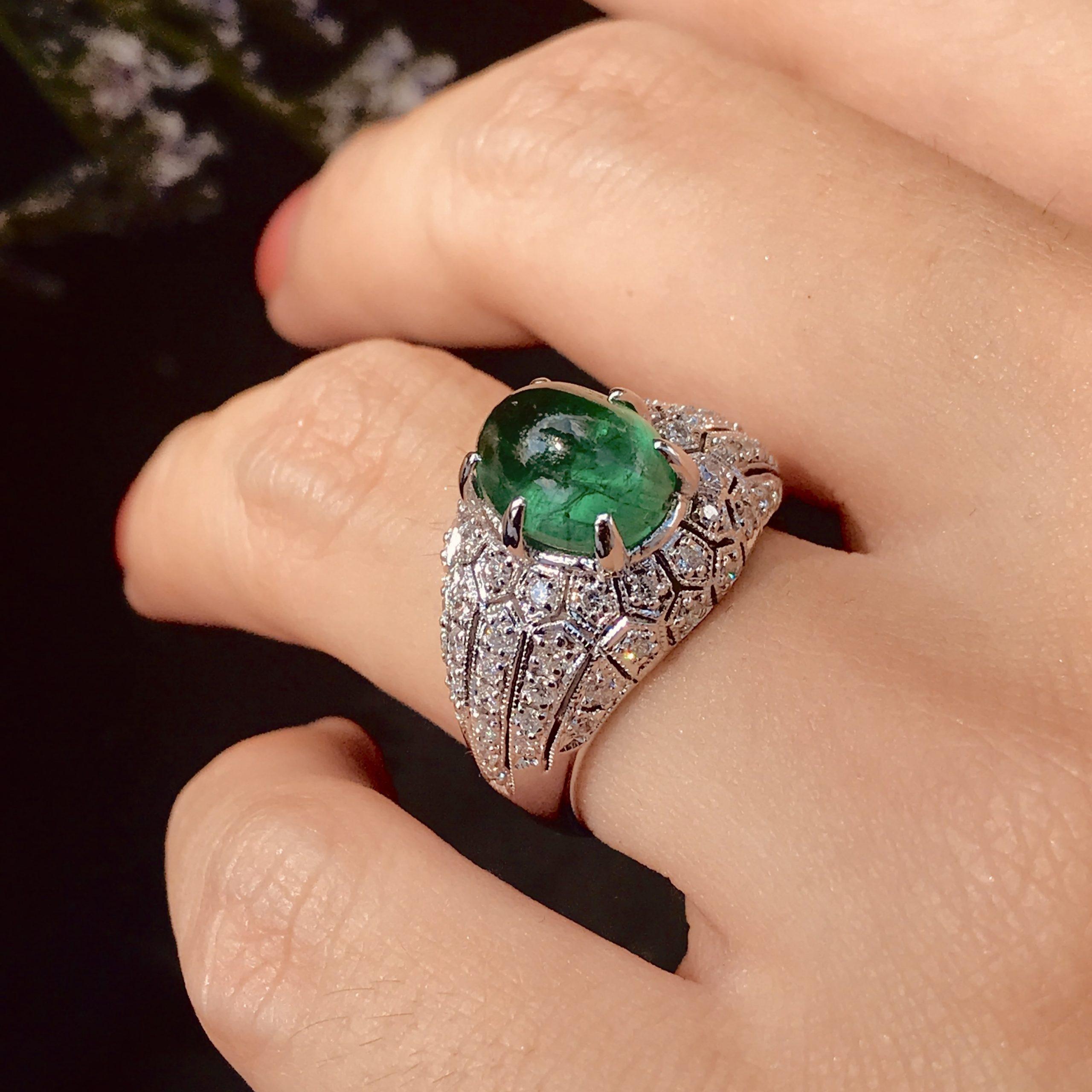 Oval Cabochon Green Emerald & Diamond Pave Set Dome 14K White Gold Ring For Sale 1