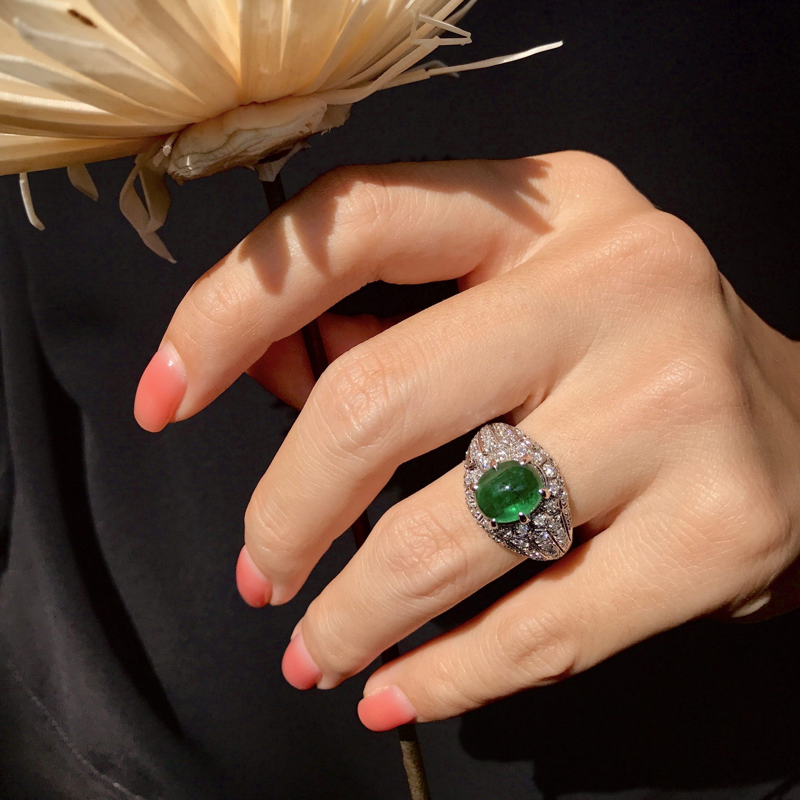Oval Cabochon Green Emerald & Diamond Pave Set Dome 14K White Gold Ring For Sale 2