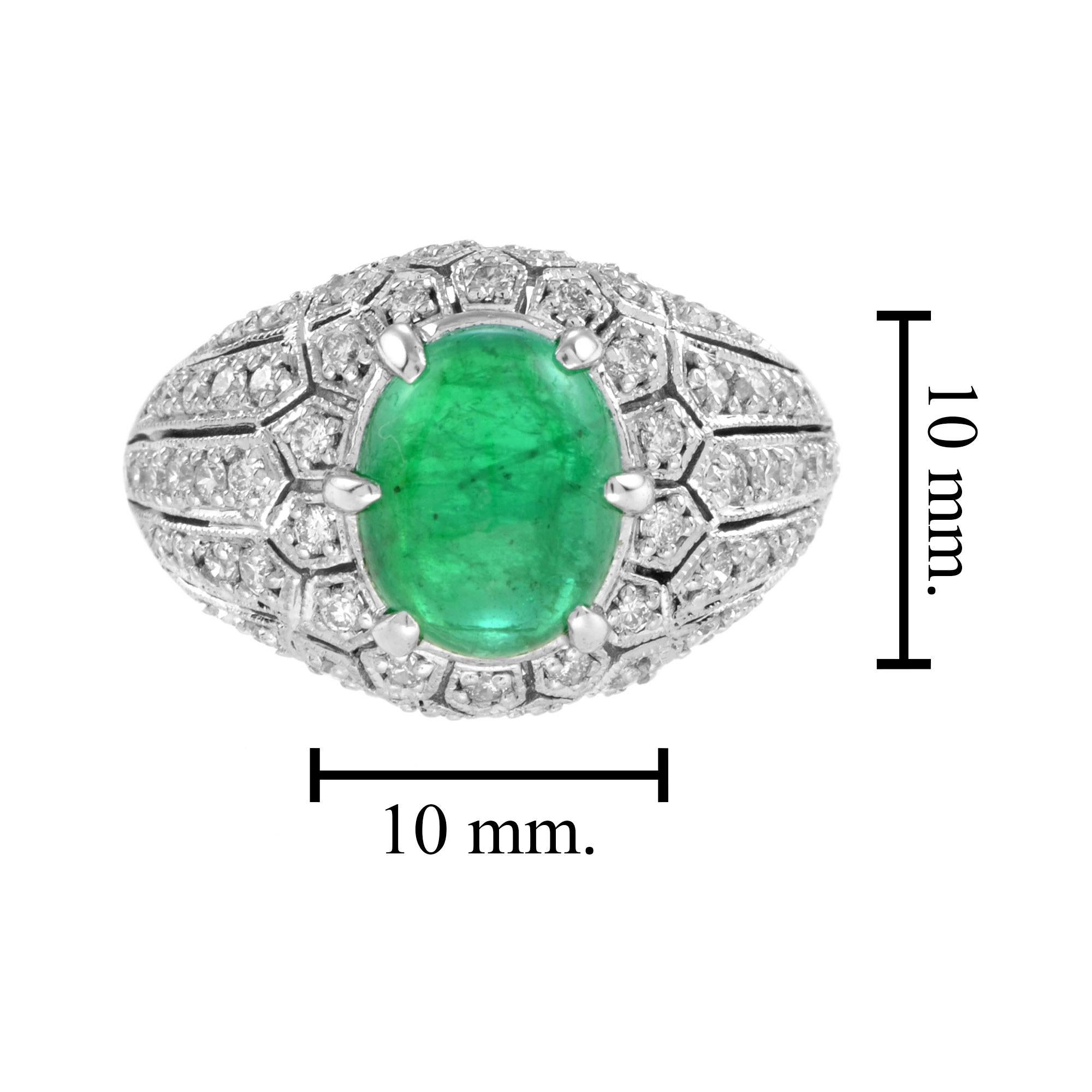 Oval Cabochon Green Emerald & Diamond Pave Set Dome 14K White Gold Ring For Sale 3