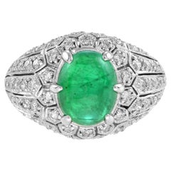 Oval Cabochon Green Emerald & Diamond Pave Set Dome 14K White Gold Ring