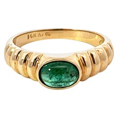 Oval Cabochon Green Emerald Ribbed Band Ring 14k Yellow Gold
