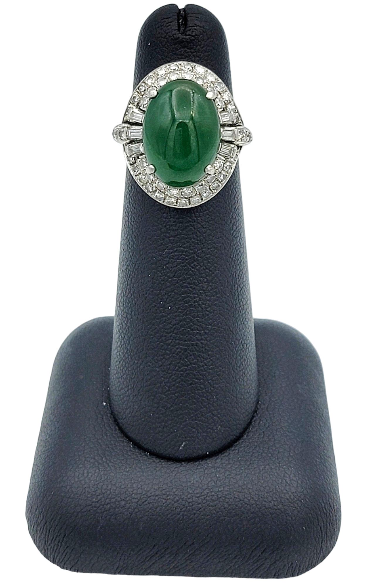 Oval Cabochon Green Jade Cocktail Ring with Double Diamond Halo Set in Platinum For Sale 4