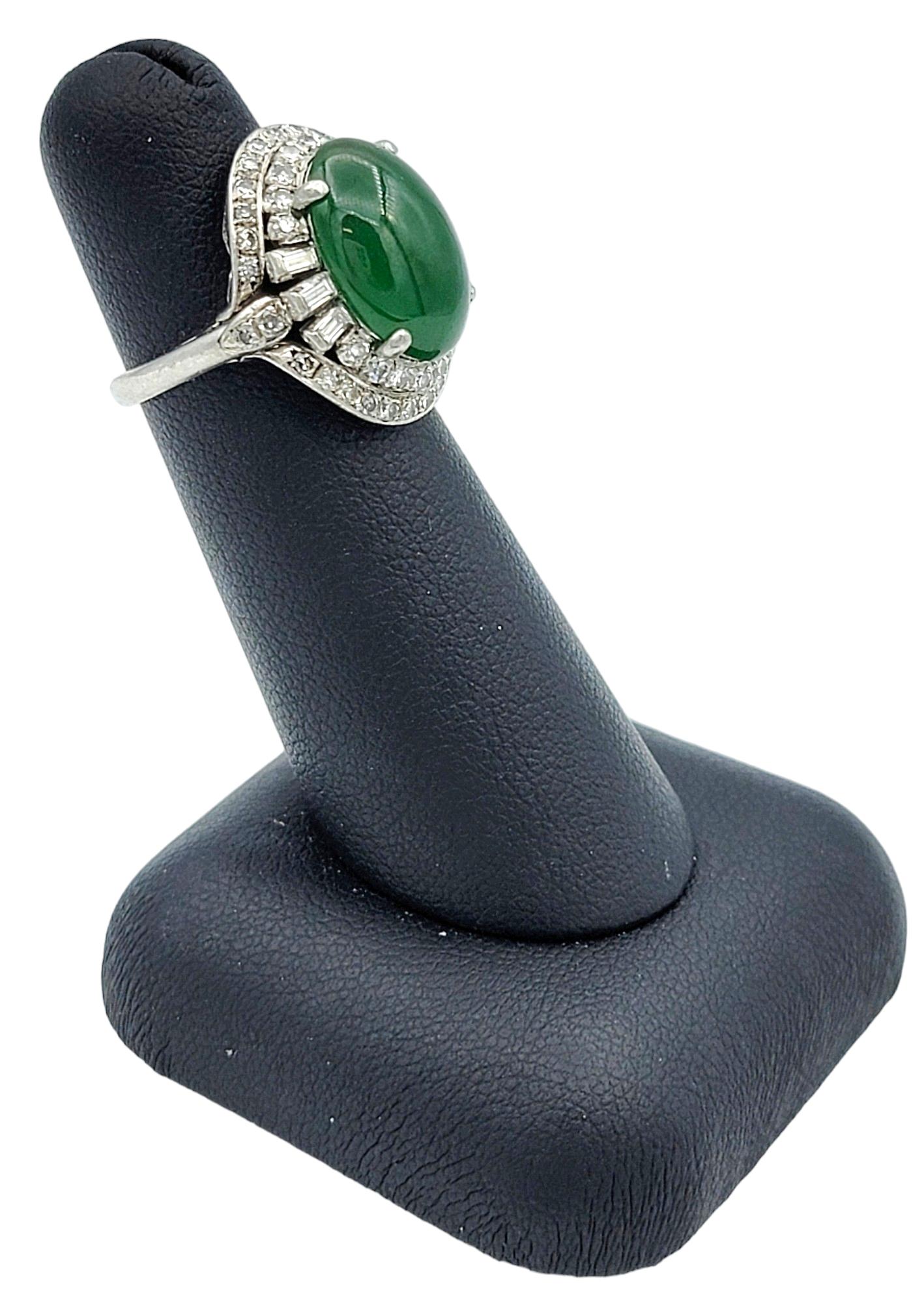 Oval Cabochon Green Jade Cocktail Ring with Double Diamond Halo Set in Platinum For Sale 5