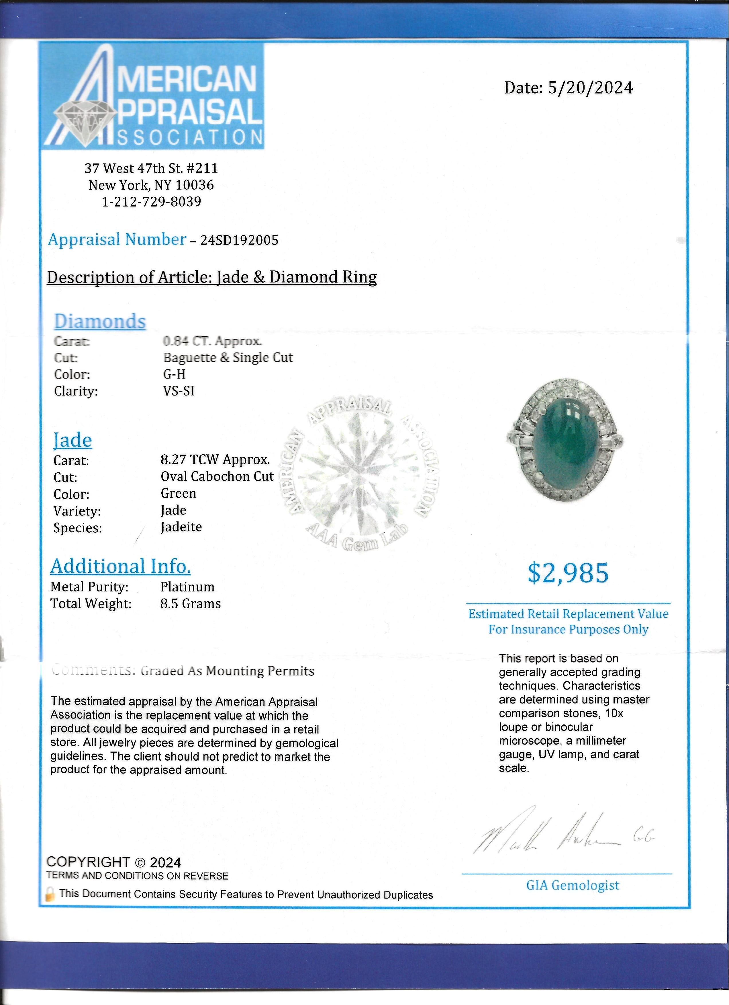 Oval Cabochon Green Jade Cocktail Ring with Double Diamond Halo Set in Platinum For Sale 6