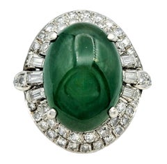 Oval Cabochon Green Jade Cocktail Ring with Double Diamond Halo Set in Platinum