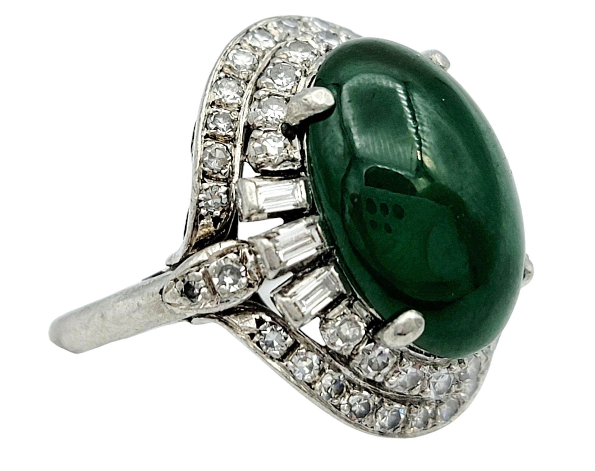 Contemporary Oval Cabochon Green Jade Cocktail Ring with Double Diamond Halo Set in Platinum For Sale