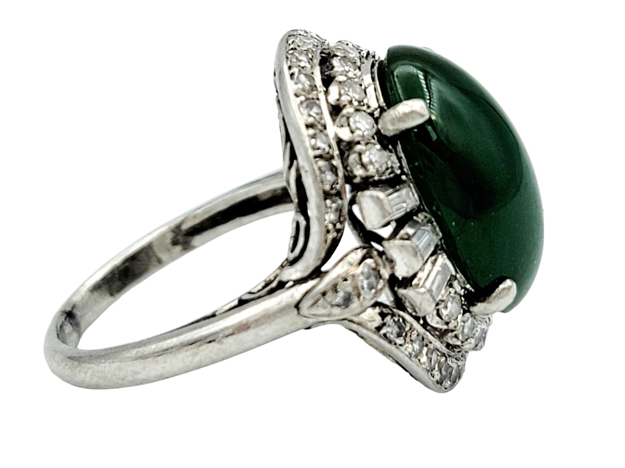 Oval Cut Oval Cabochon Green Jade Cocktail Ring with Double Diamond Halo Set in Platinum For Sale