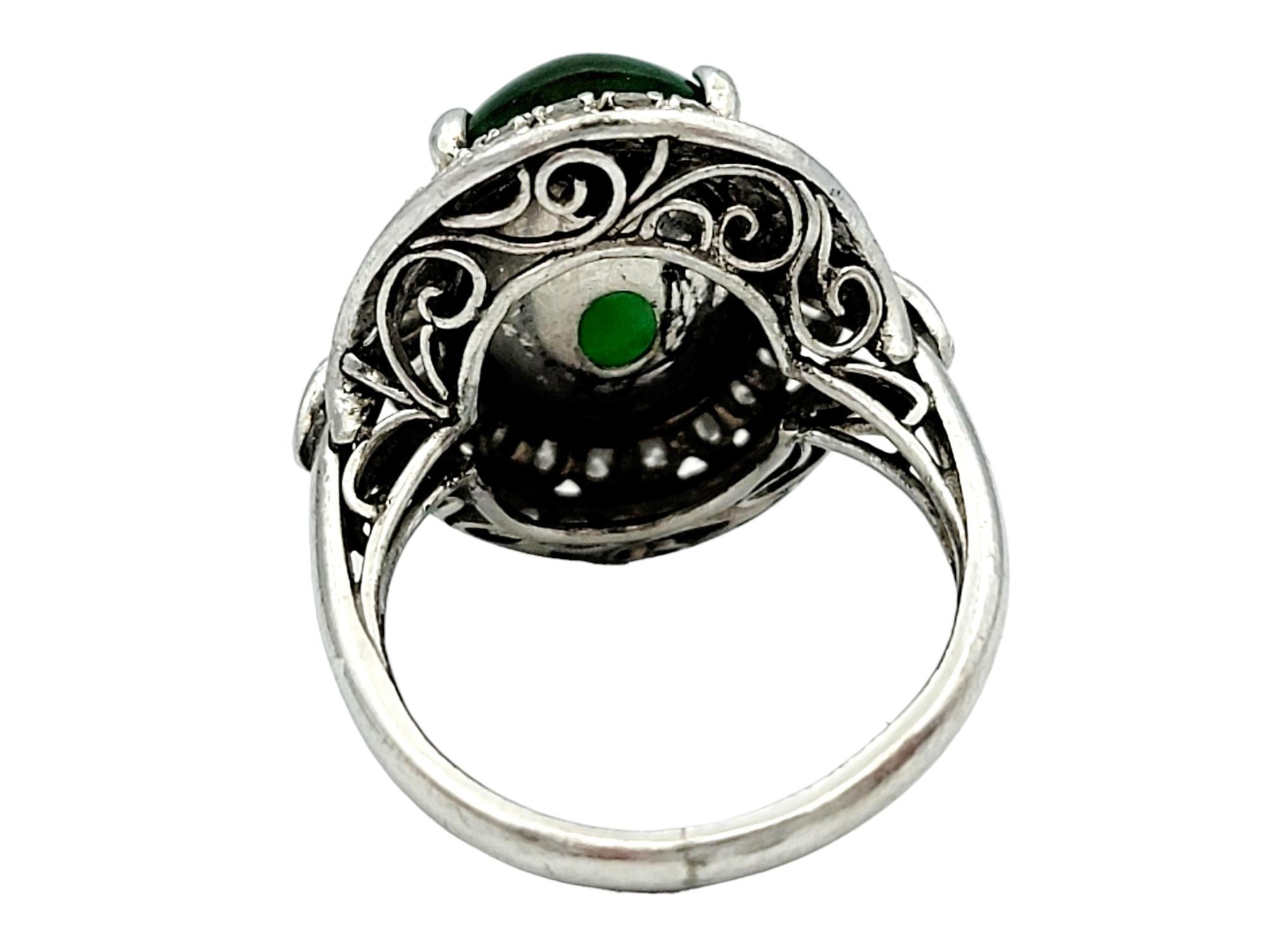 Oval Cabochon Green Jade Cocktail Ring with Double Diamond Halo Set in Platinum In Good Condition For Sale In Scottsdale, AZ